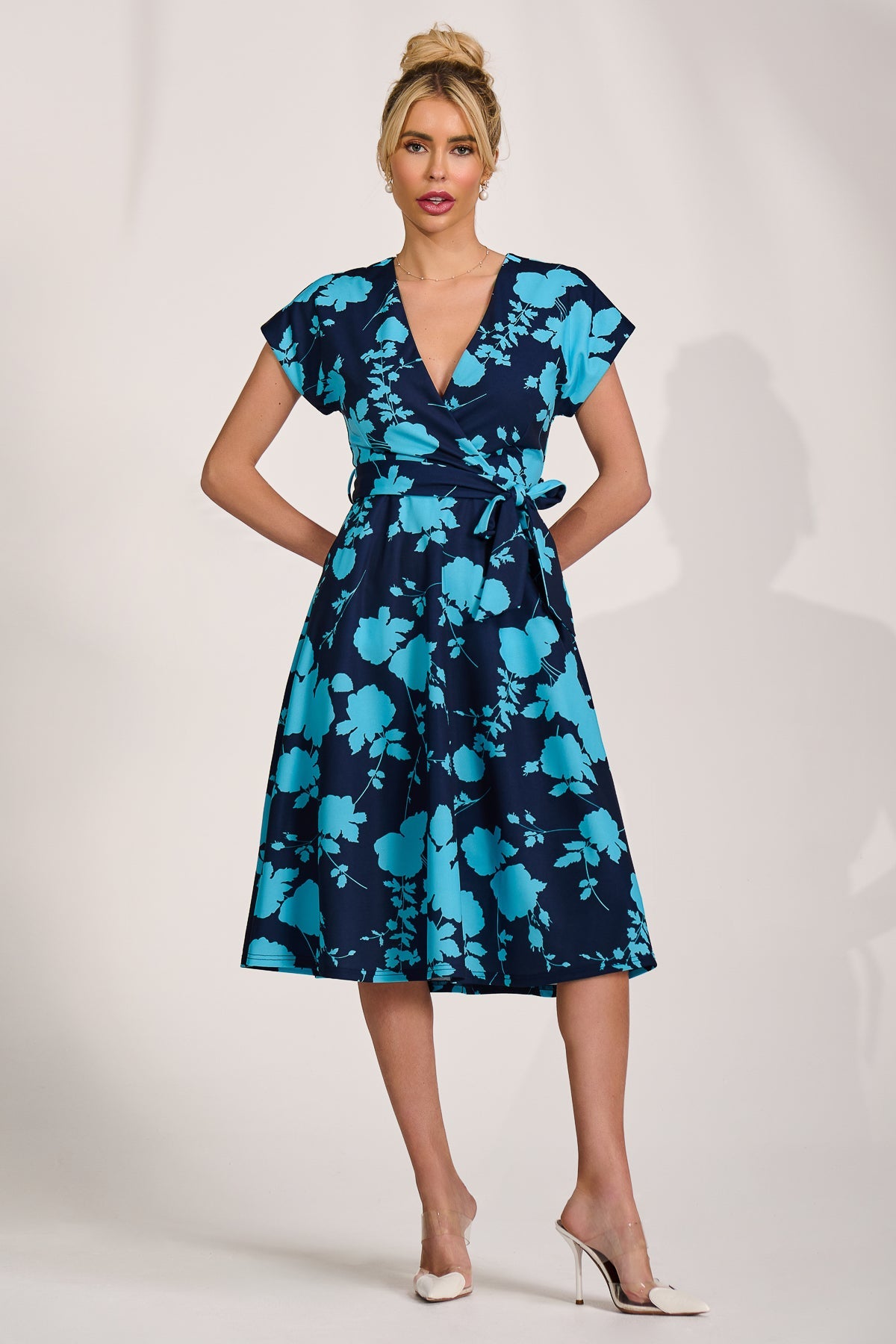 V Neck Print Scuba Midi Dress BLUE FLORAL Front View
