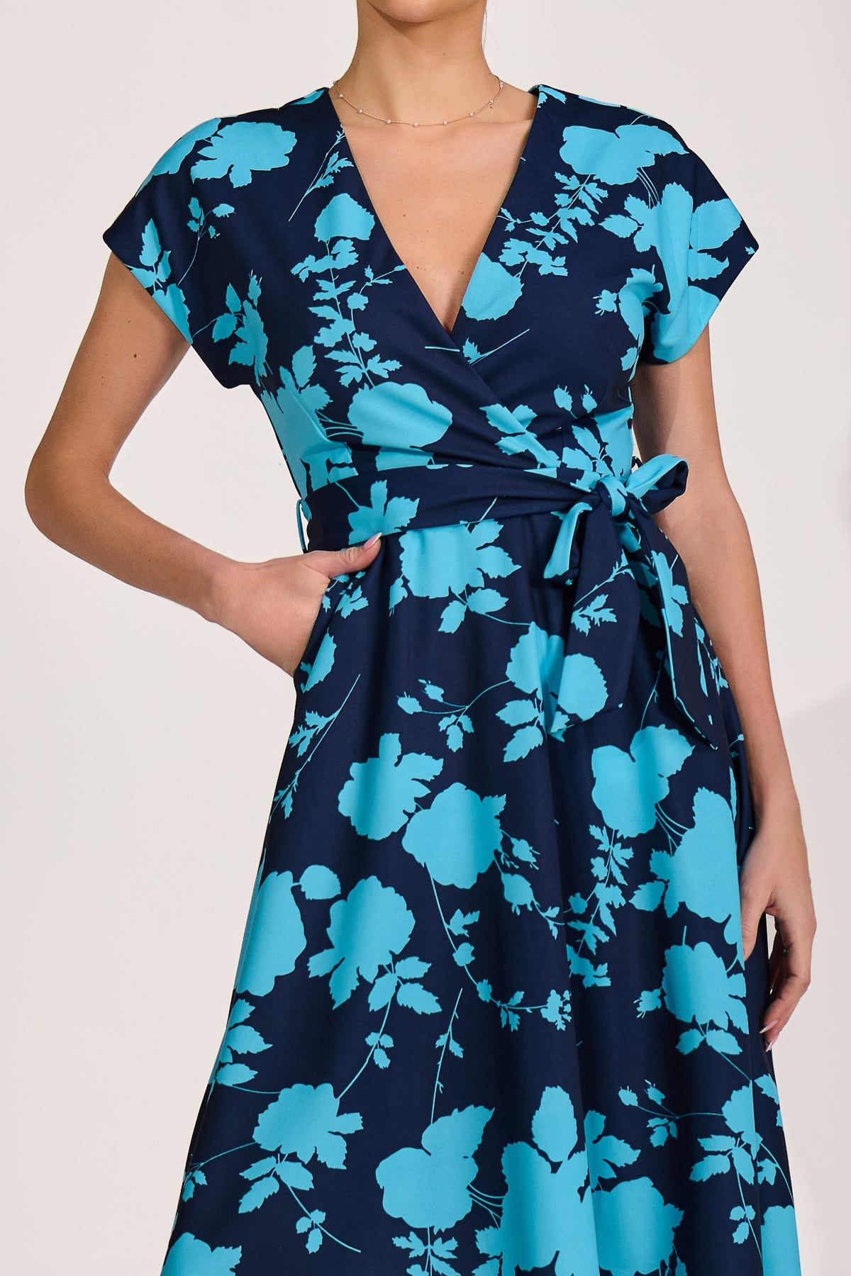 V Neck Print Scuba Midi Dress BLUE FLORAL Styled View