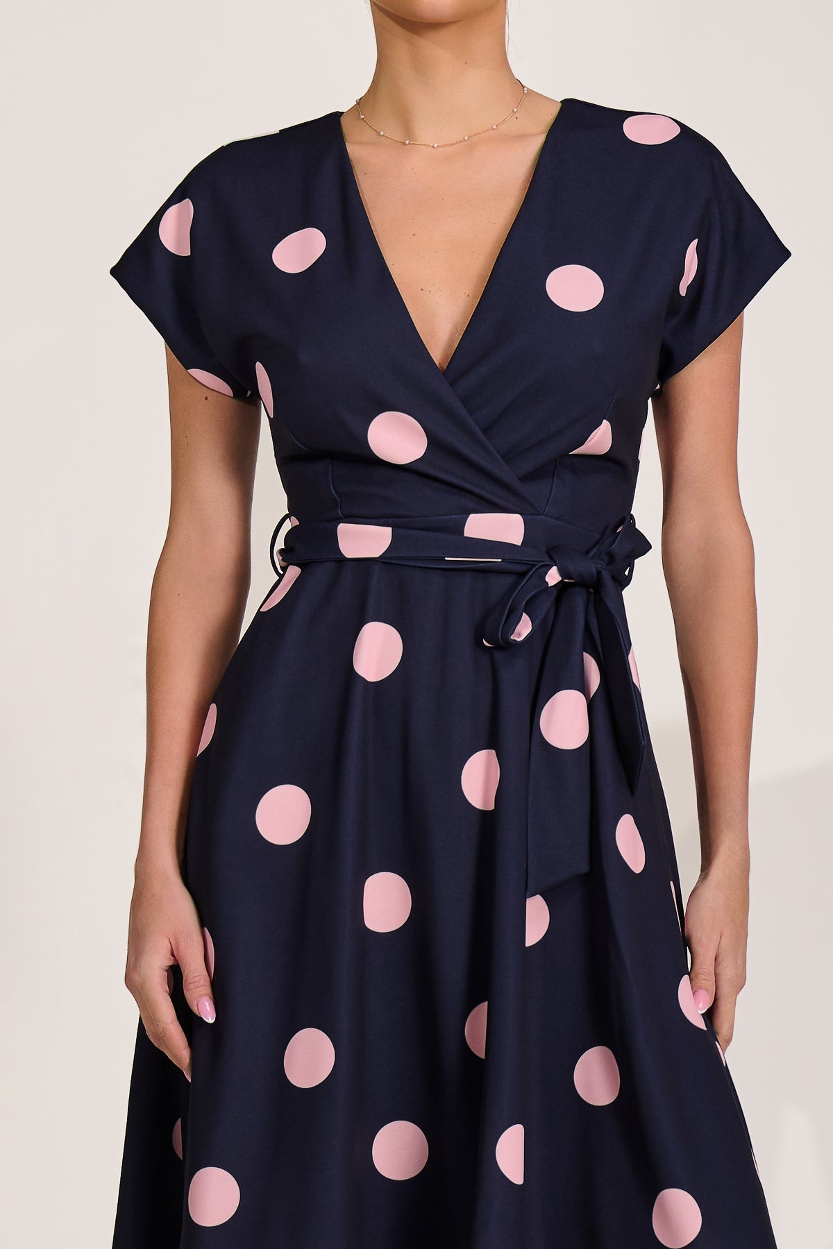 V Neck Print Scuba Midi Dress Navy Spot Detail View