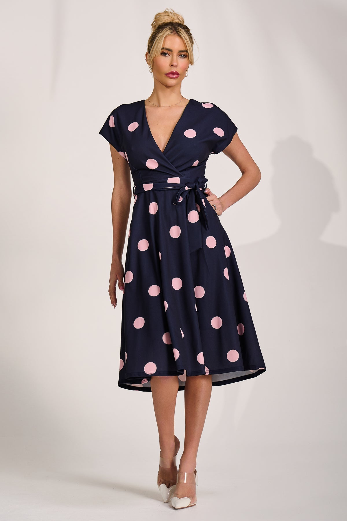 V Neck Print Scuba Midi Dress Navy Spot Styled View