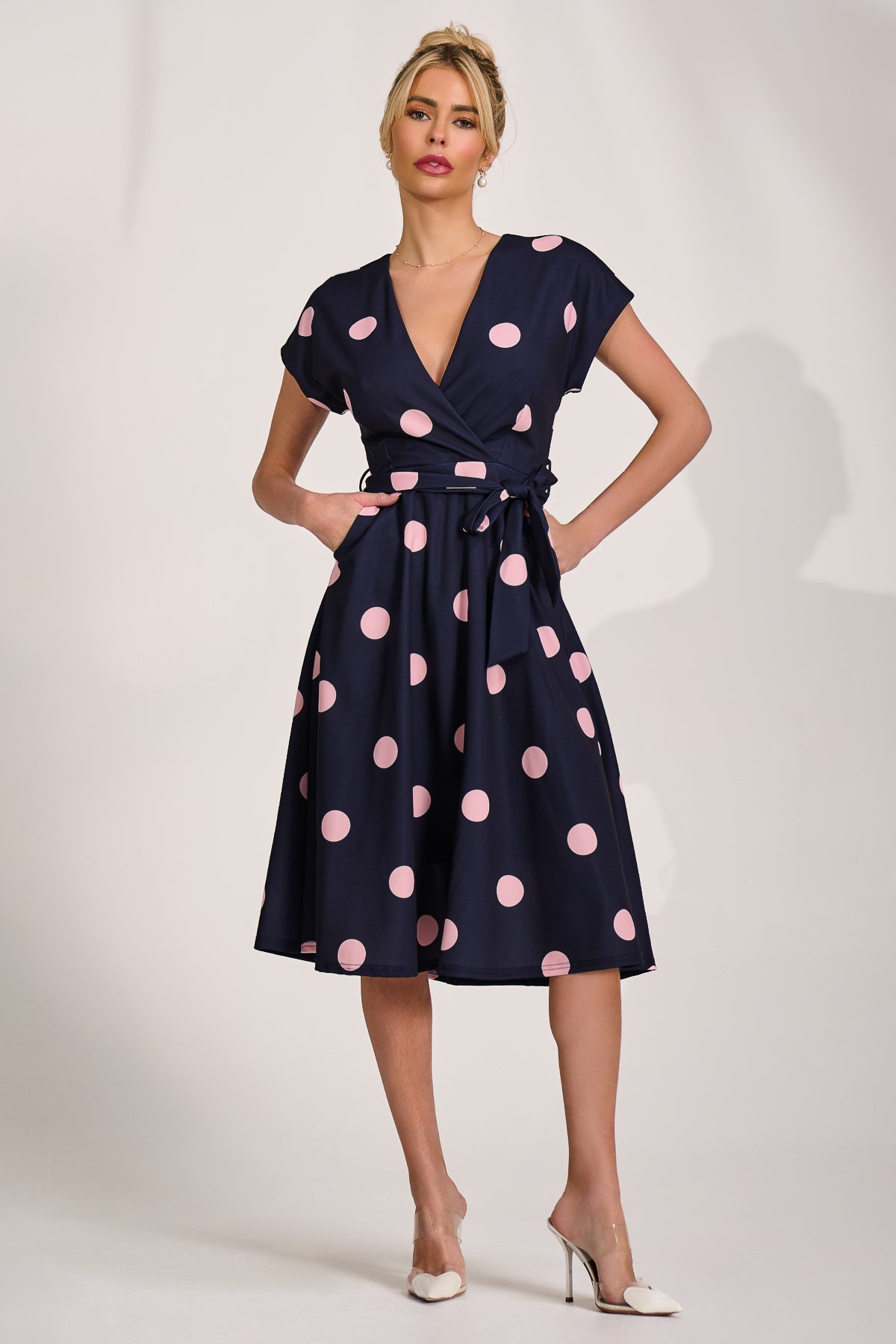 V Neck Print Scuba Midi Dress Navy Spot Front View