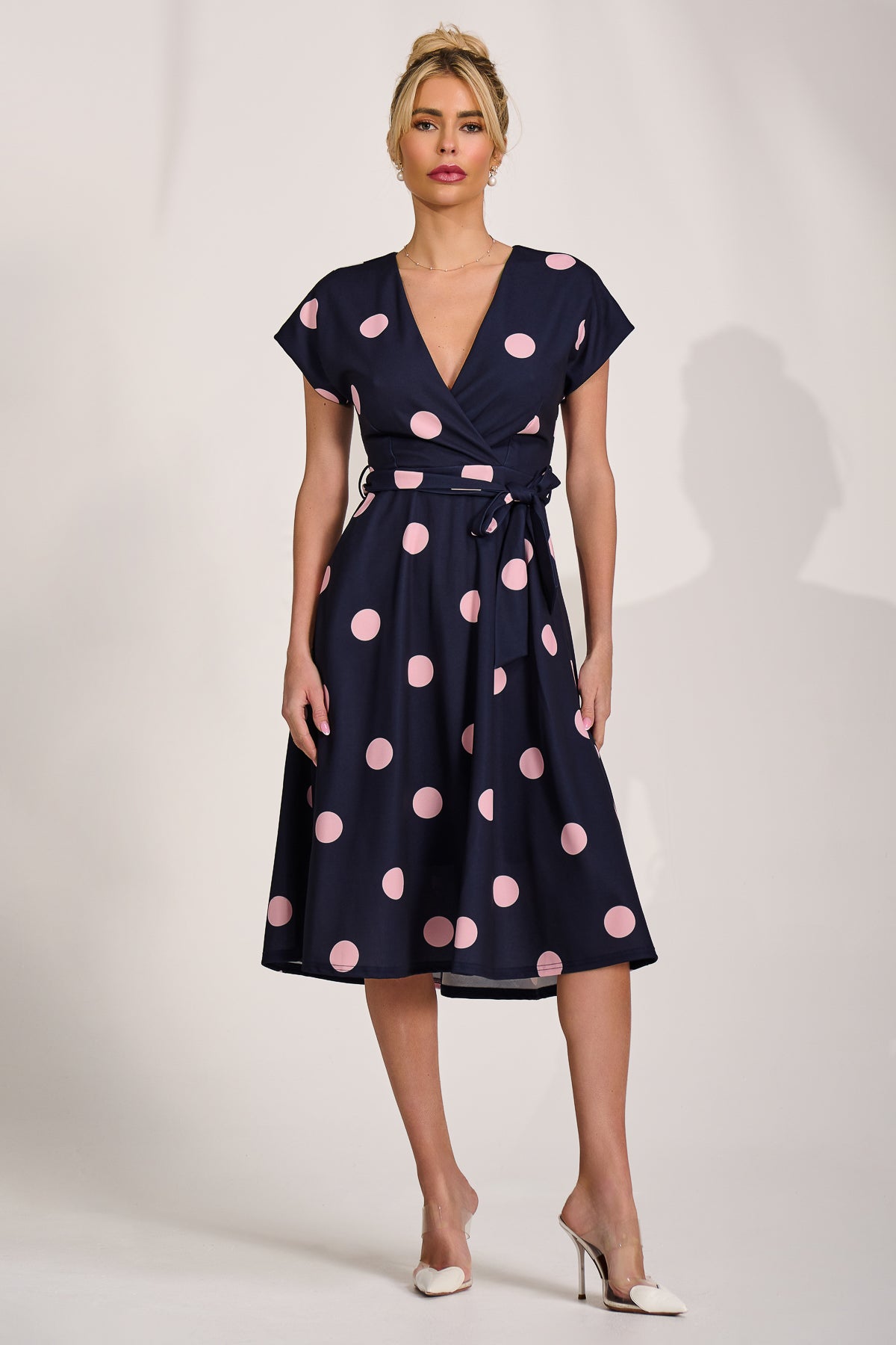 V Neck Print Scuba Midi Dress Navy Spot Back View