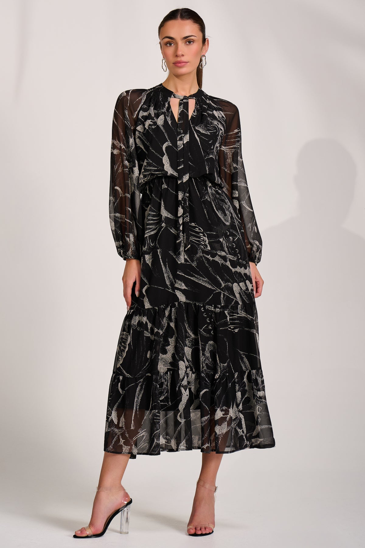Chiffon Long Sleeve Tiered Maxi Dress BLACK PATTERN Full Length View