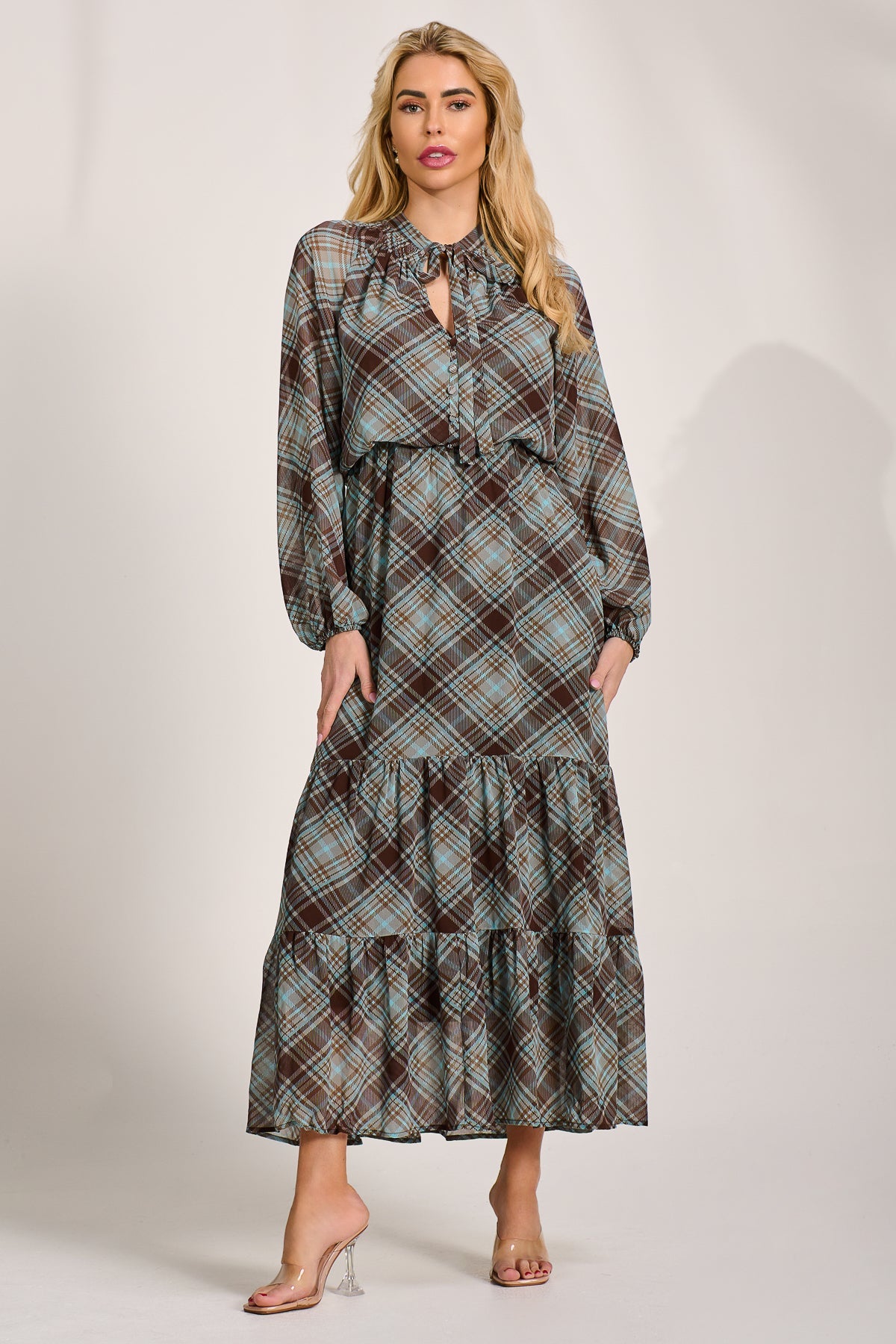 Chiffon Long Sleeve Tiered Maxi Dress Front View