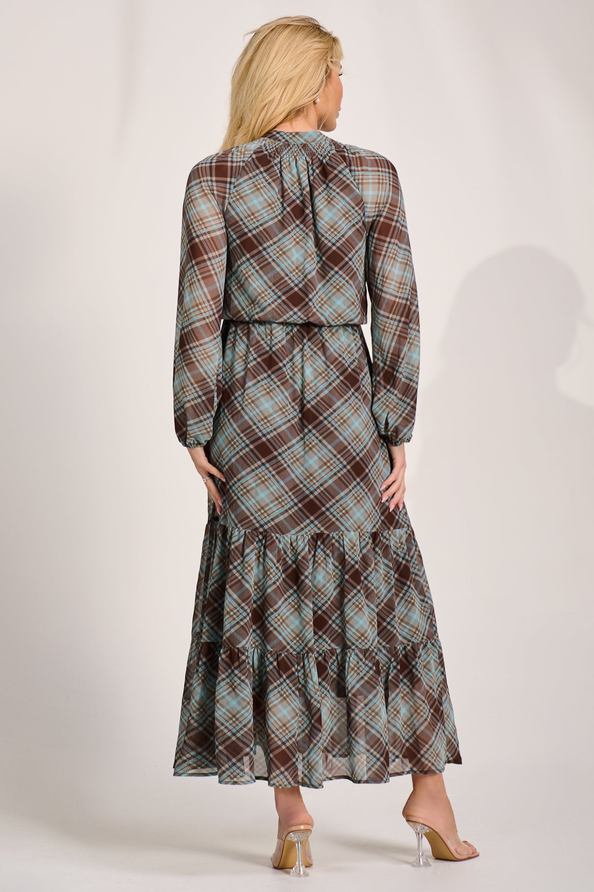Chiffon Long Sleeve Tiered Maxi Dress Back View