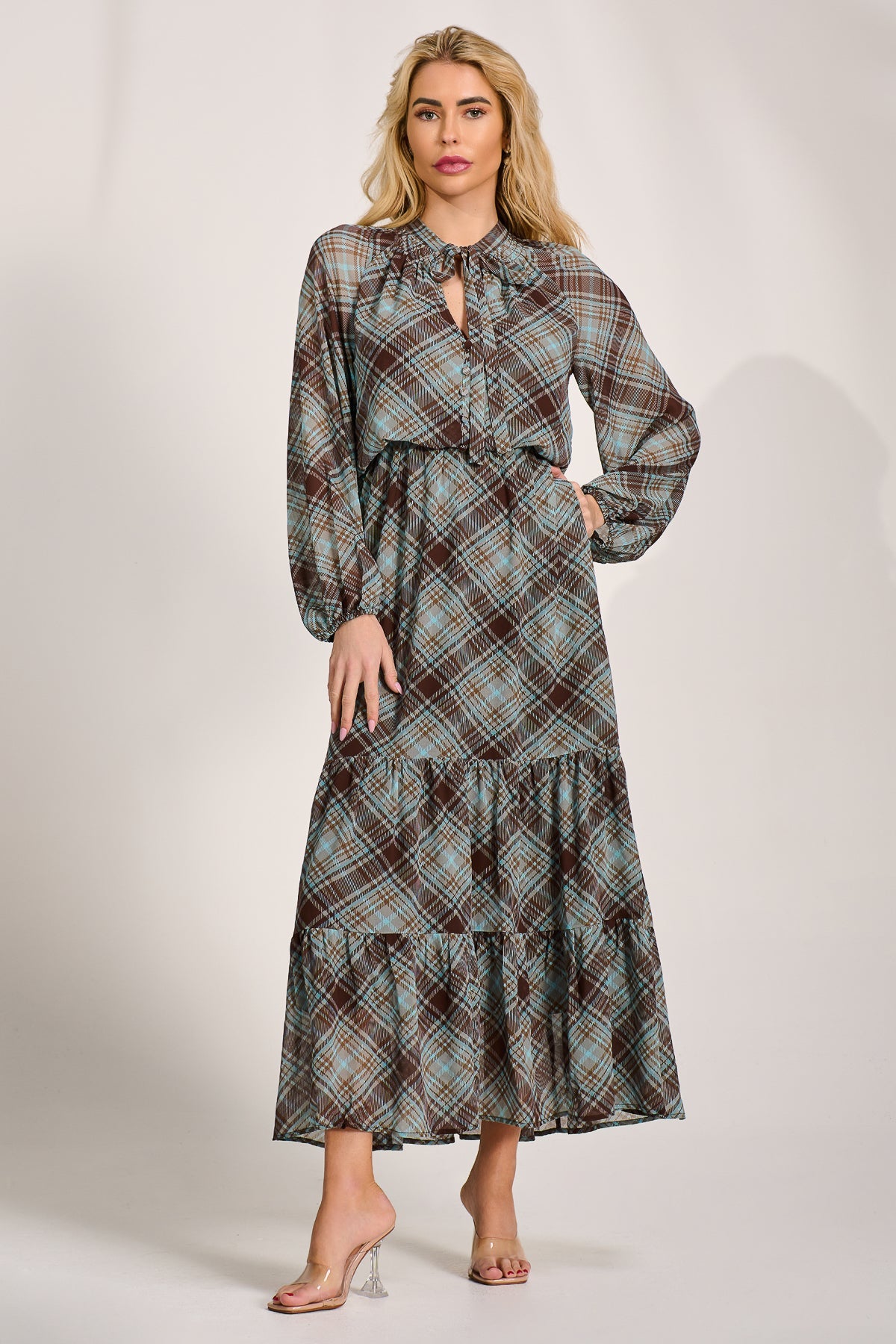 Chiffon Long Sleeve Tiered Maxi Dress Full Length View