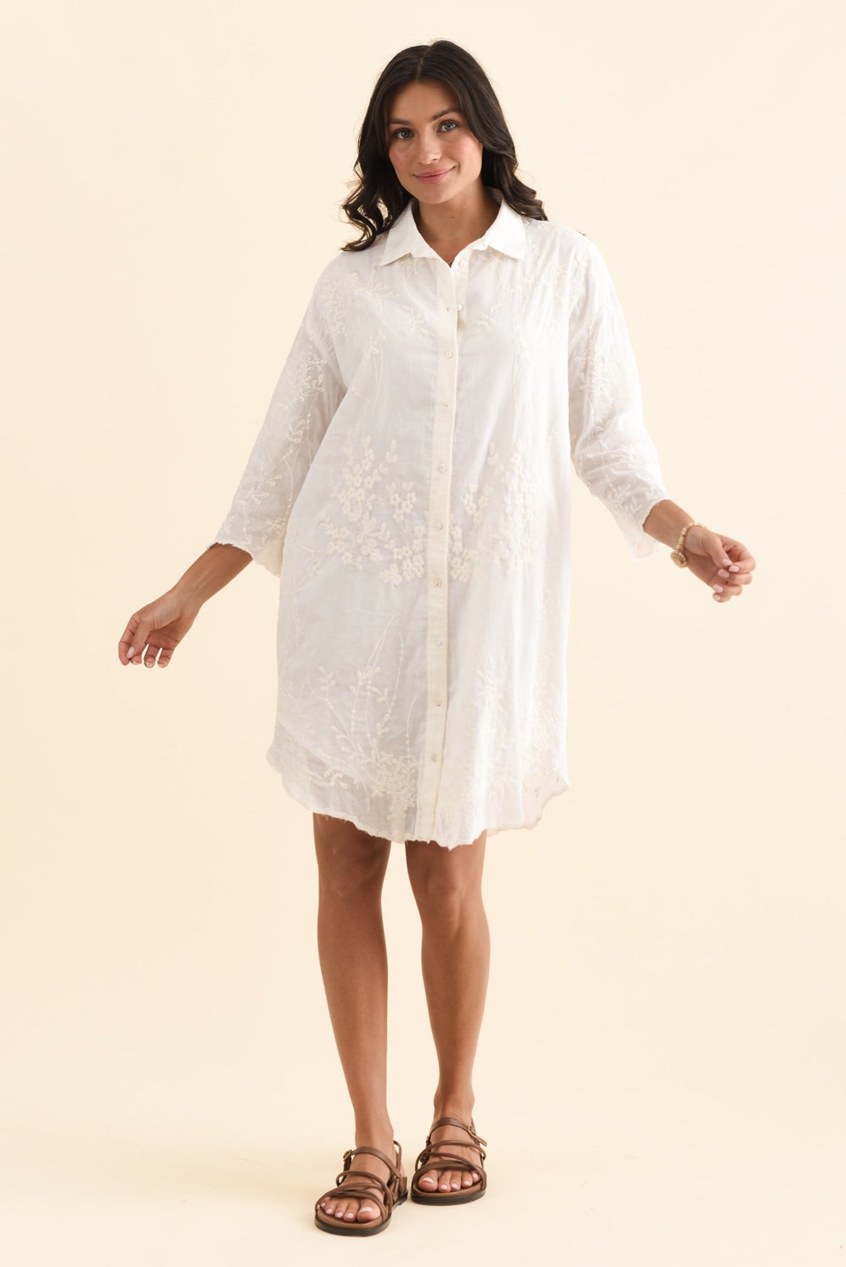 Offredo White Cotton Embroidered Shirt Dress Front View 2