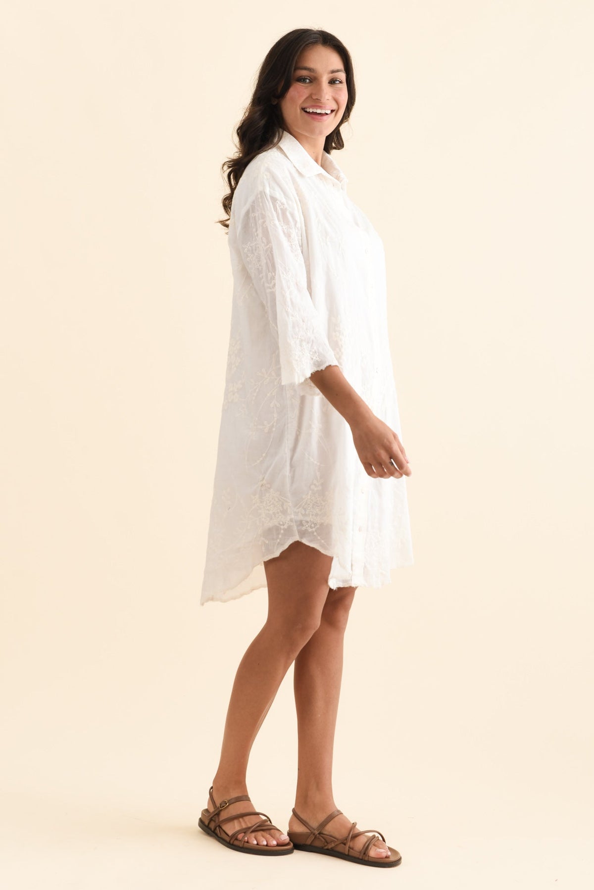 Offredo White Cotton Embroidered Shirt Dress Side View