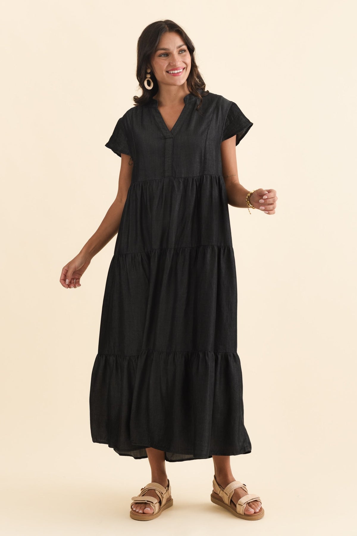 Oxford Blue Tencel Tier Dress Full Length View
