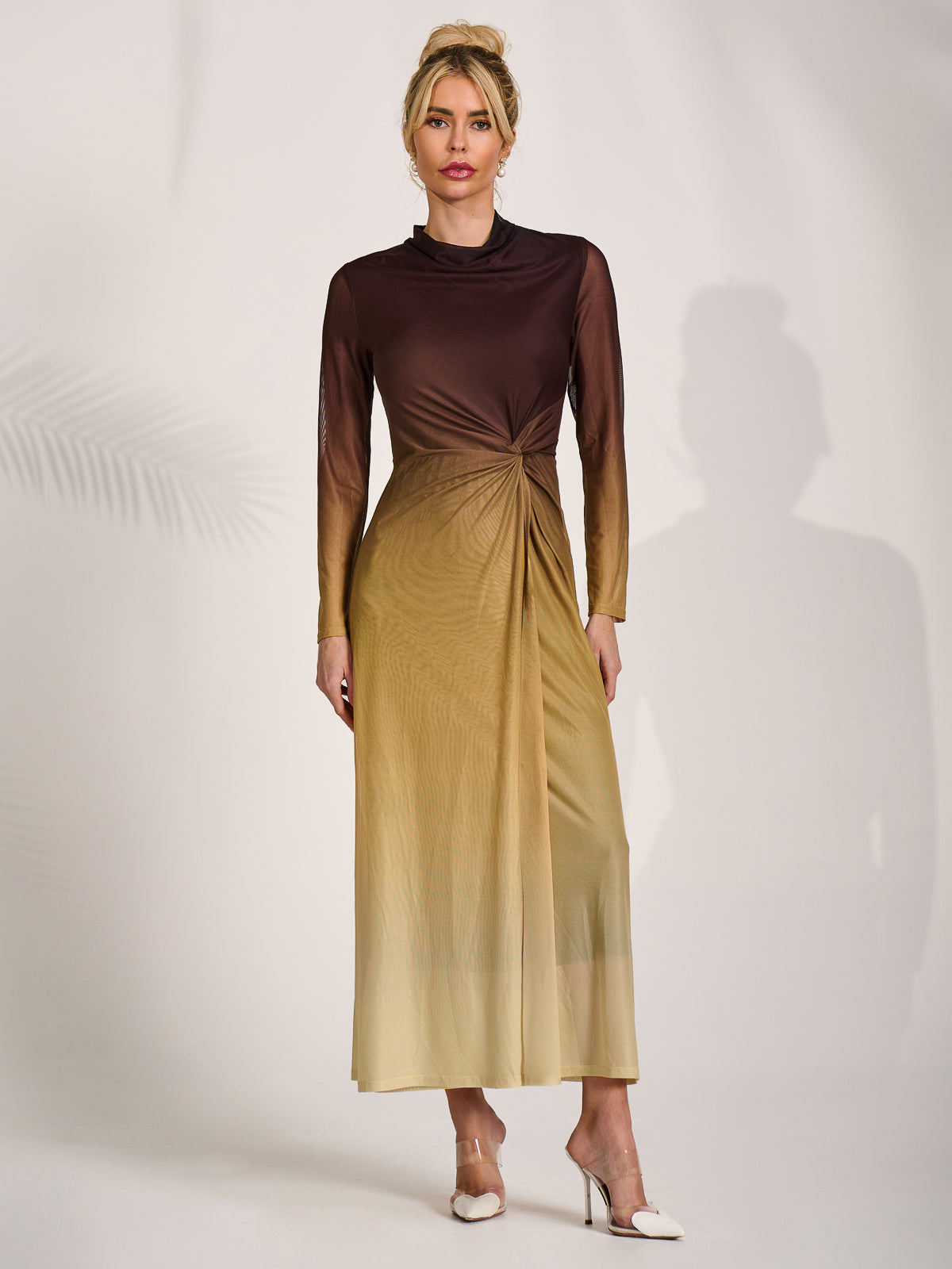 Petite Long Sleeve Mesh Maxi Dress Styled View