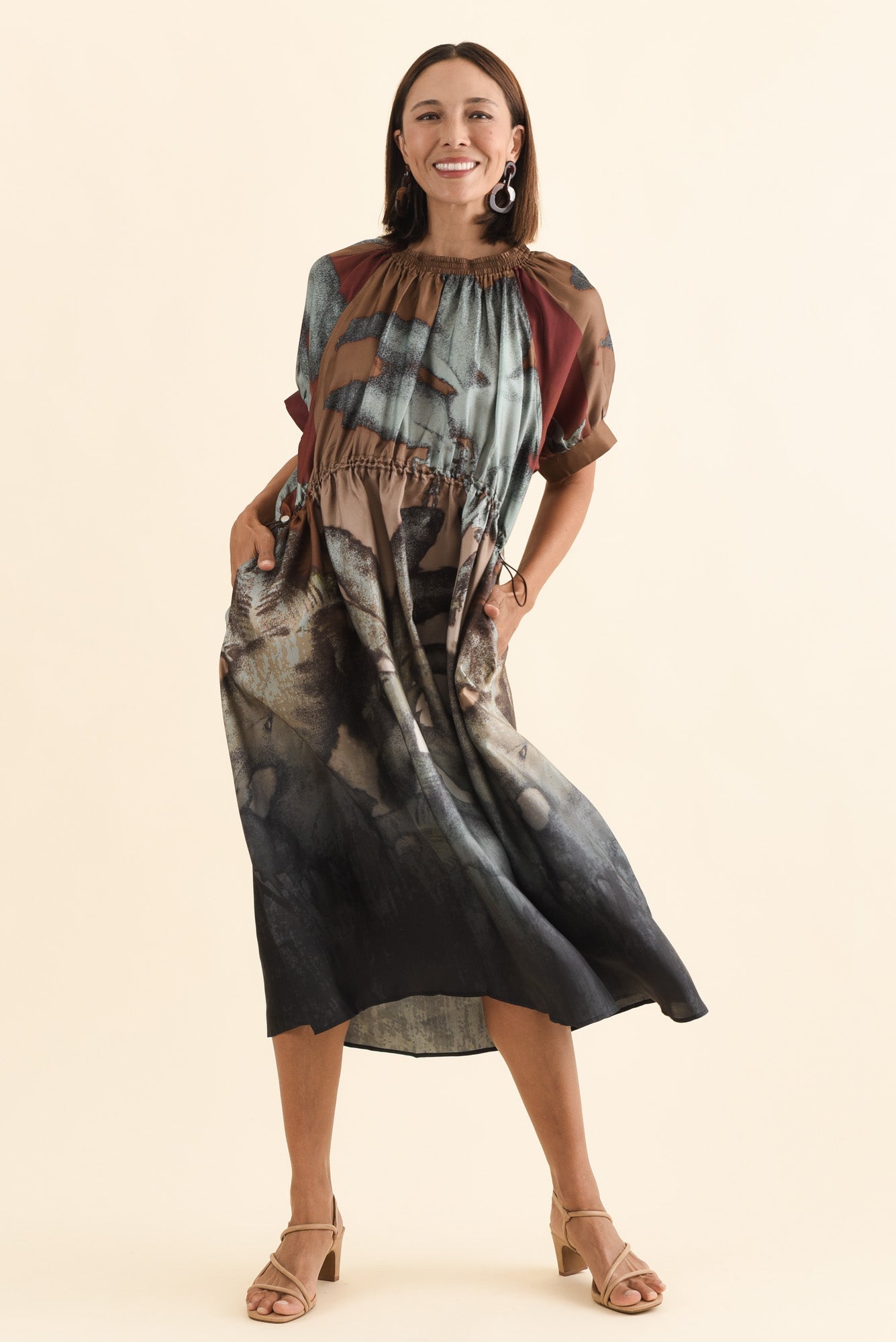 Palisades Mocha Floral Silk Dress Full Length View
