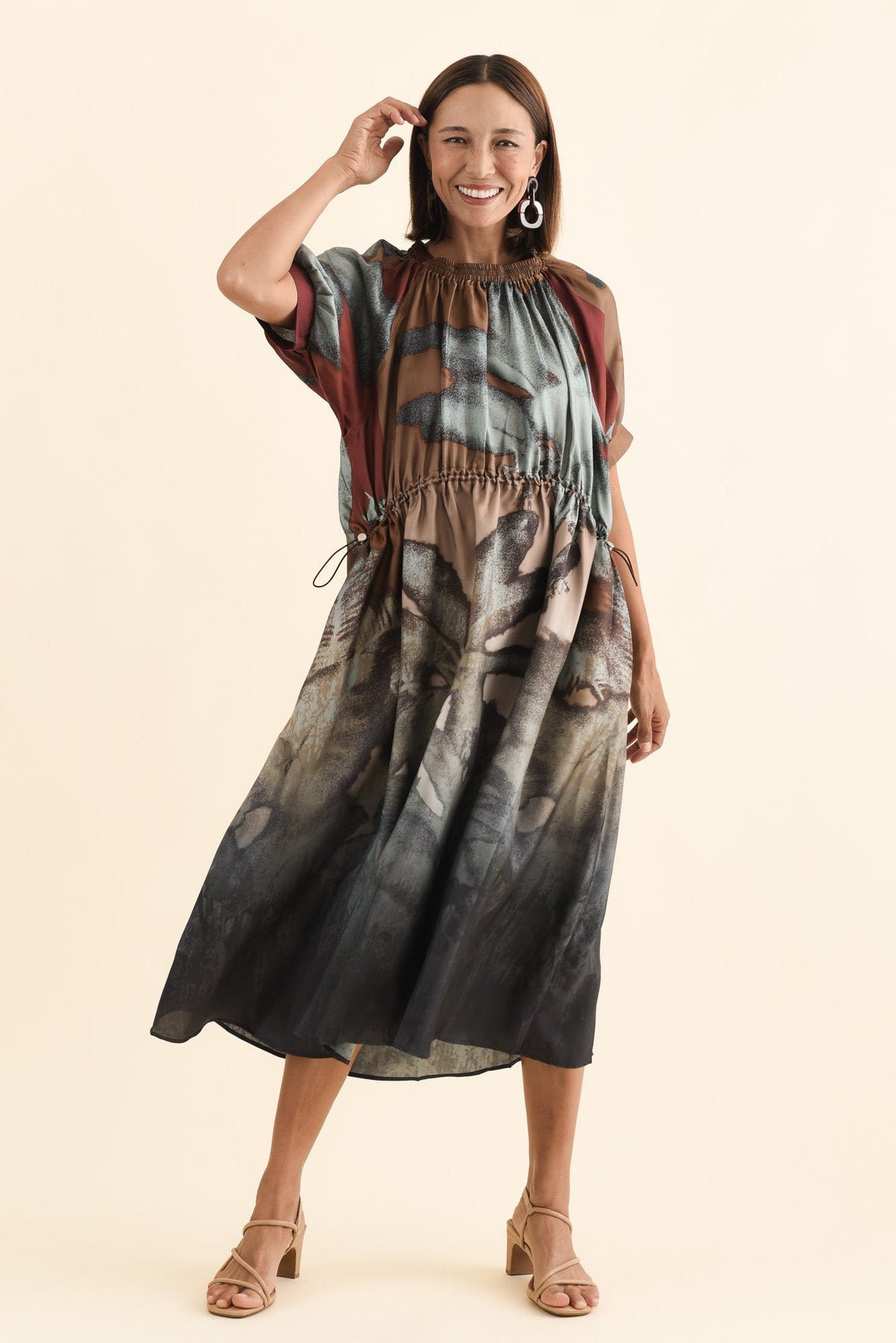 Palisades Mocha Floral Silk Dress Front View 2