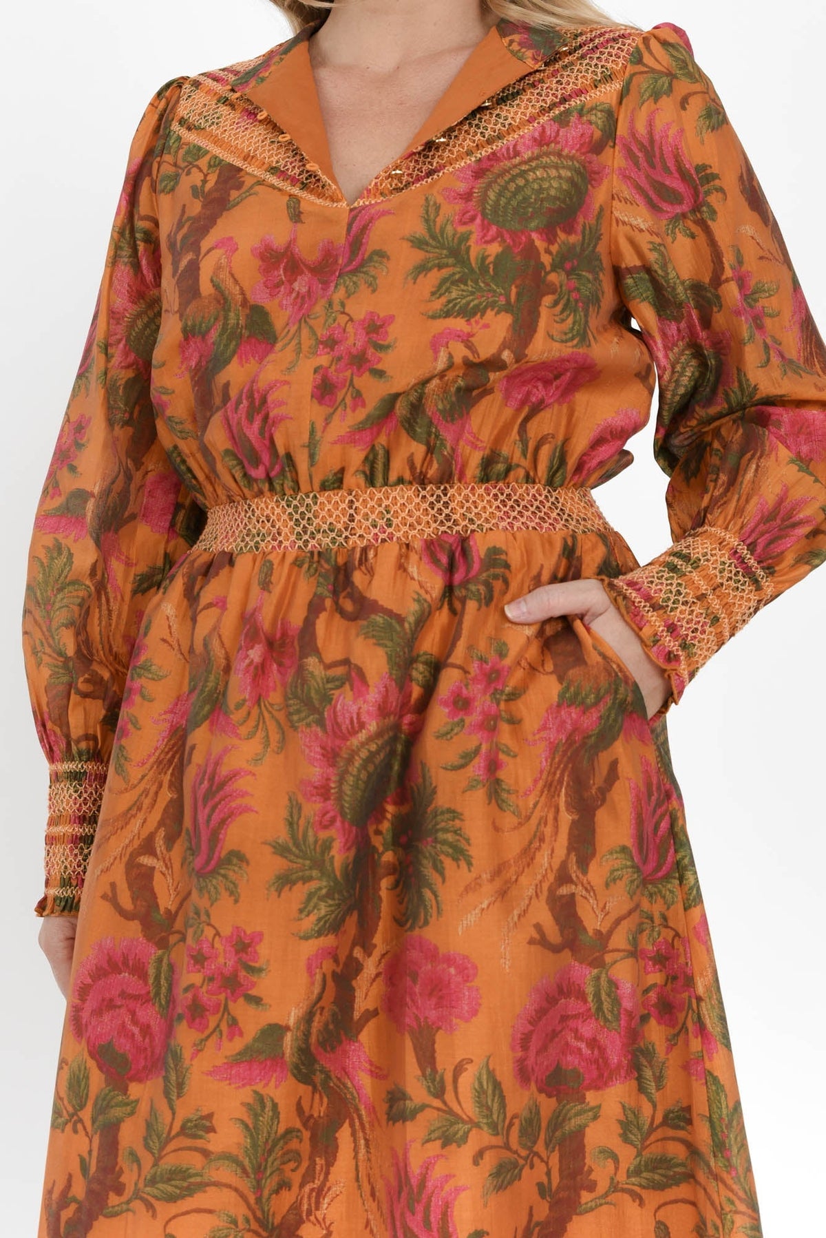 Panama Orange Floral Button Dress Detail View