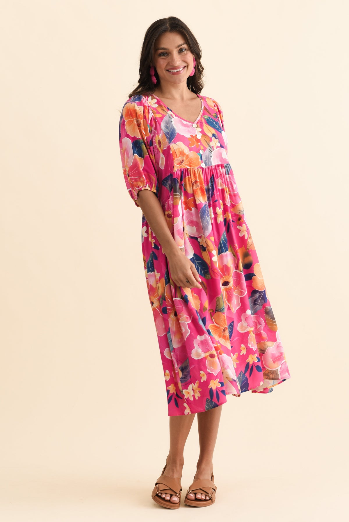 Pansy Pink Floral Pocket Dress Front View