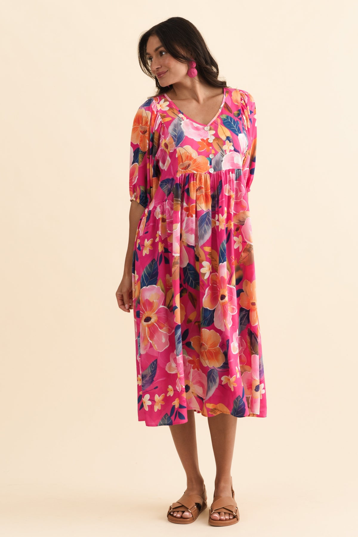 Pansy Pink Floral Pocket Dress Full Length View