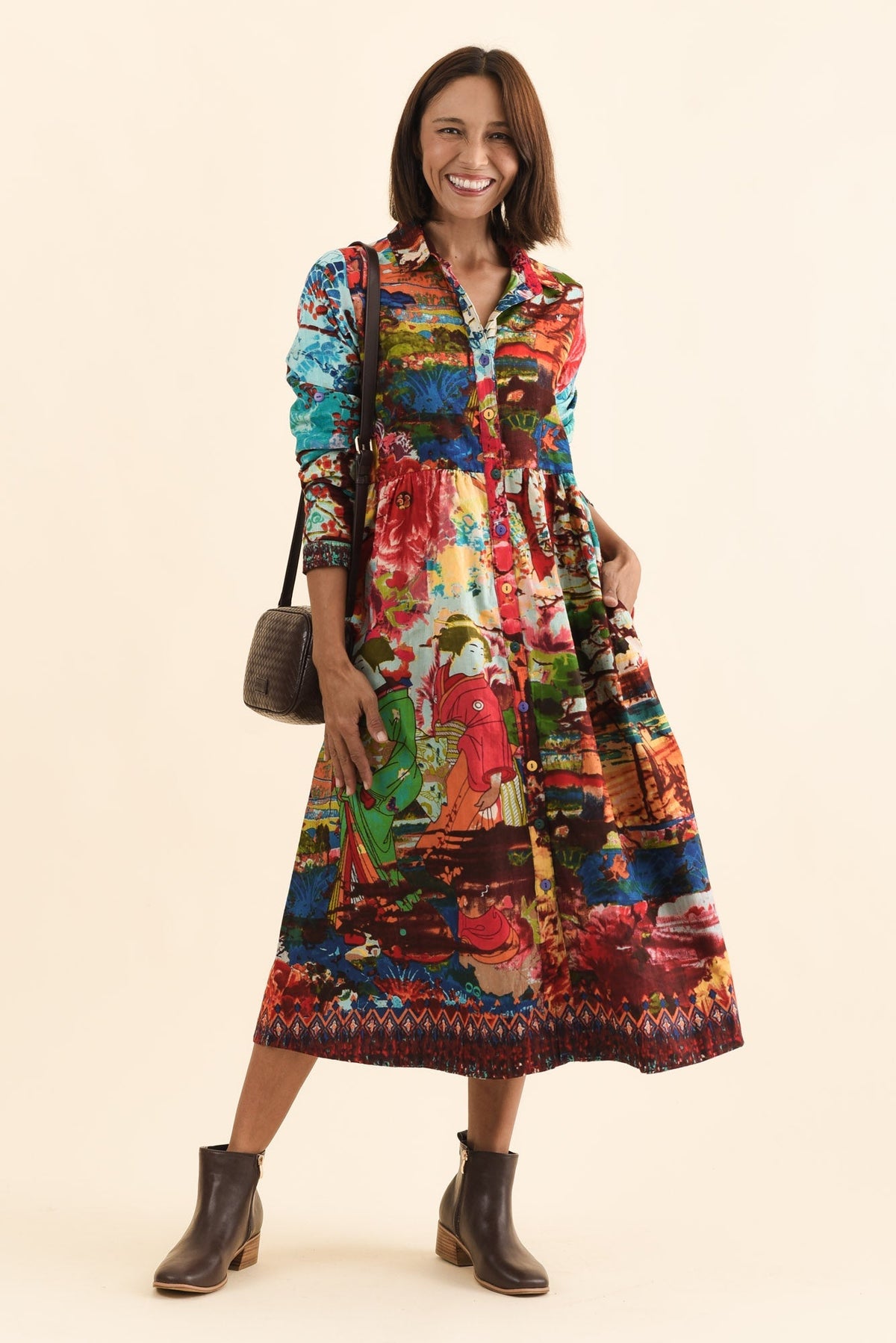 Platt Red Garden Pocket Shirt Dress Front View 2