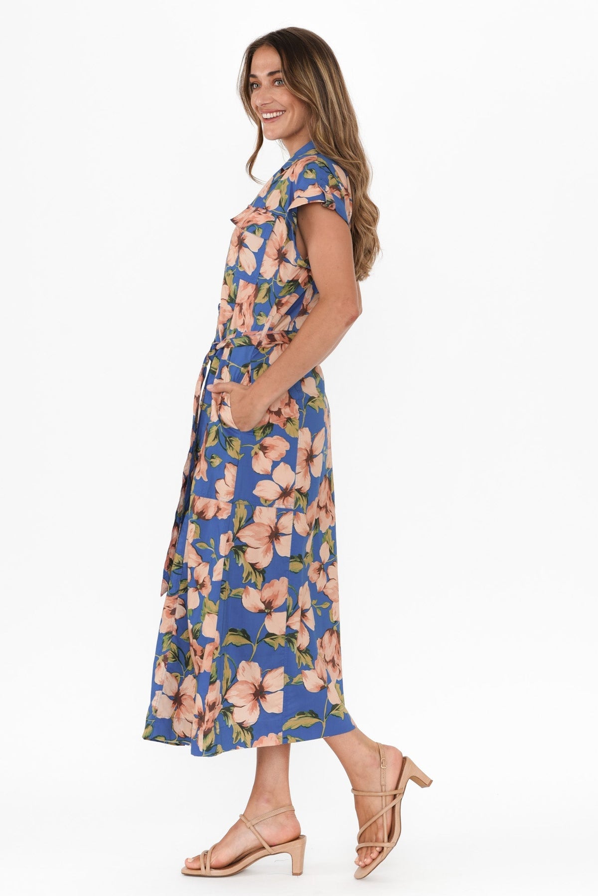 Porto Blue Floral Cotton Tie Dress Side View