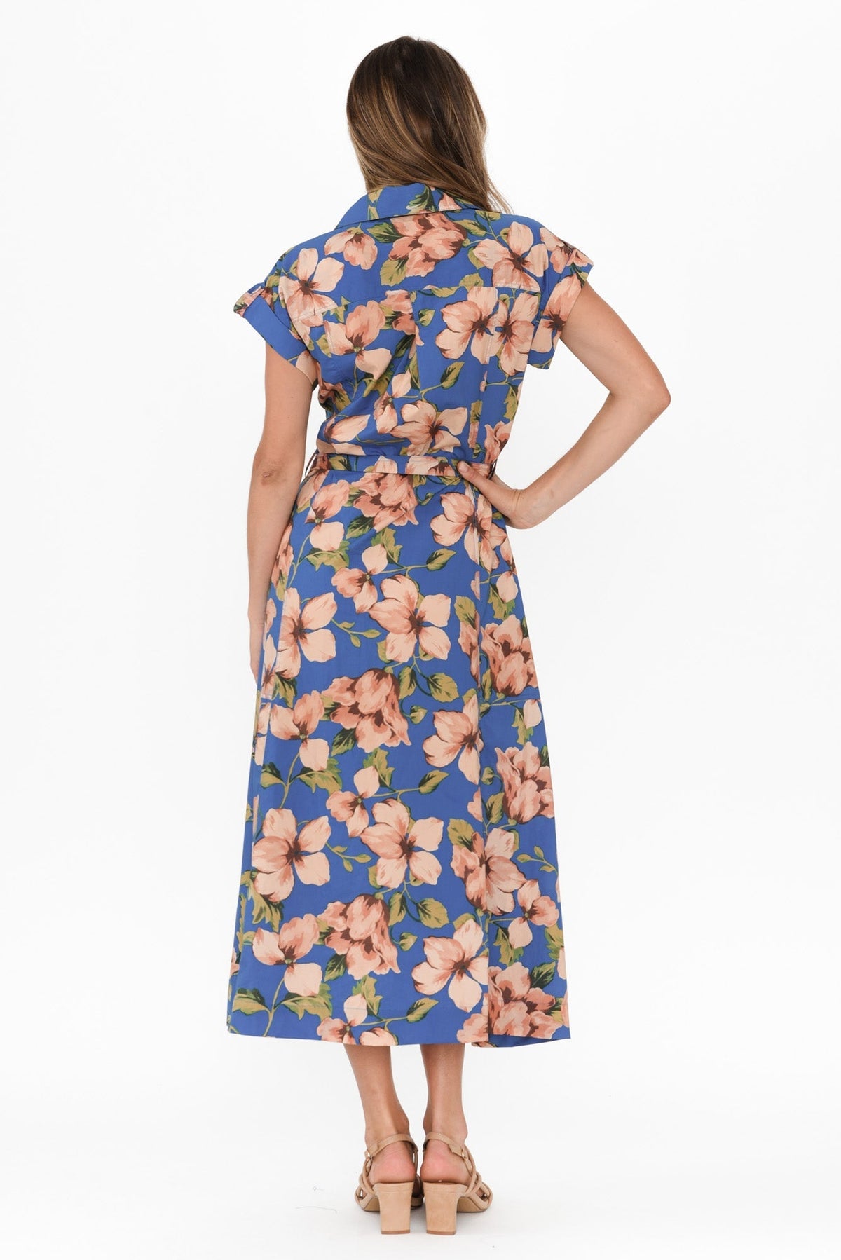 Porto Blue Floral Cotton Tie Dress Detail View