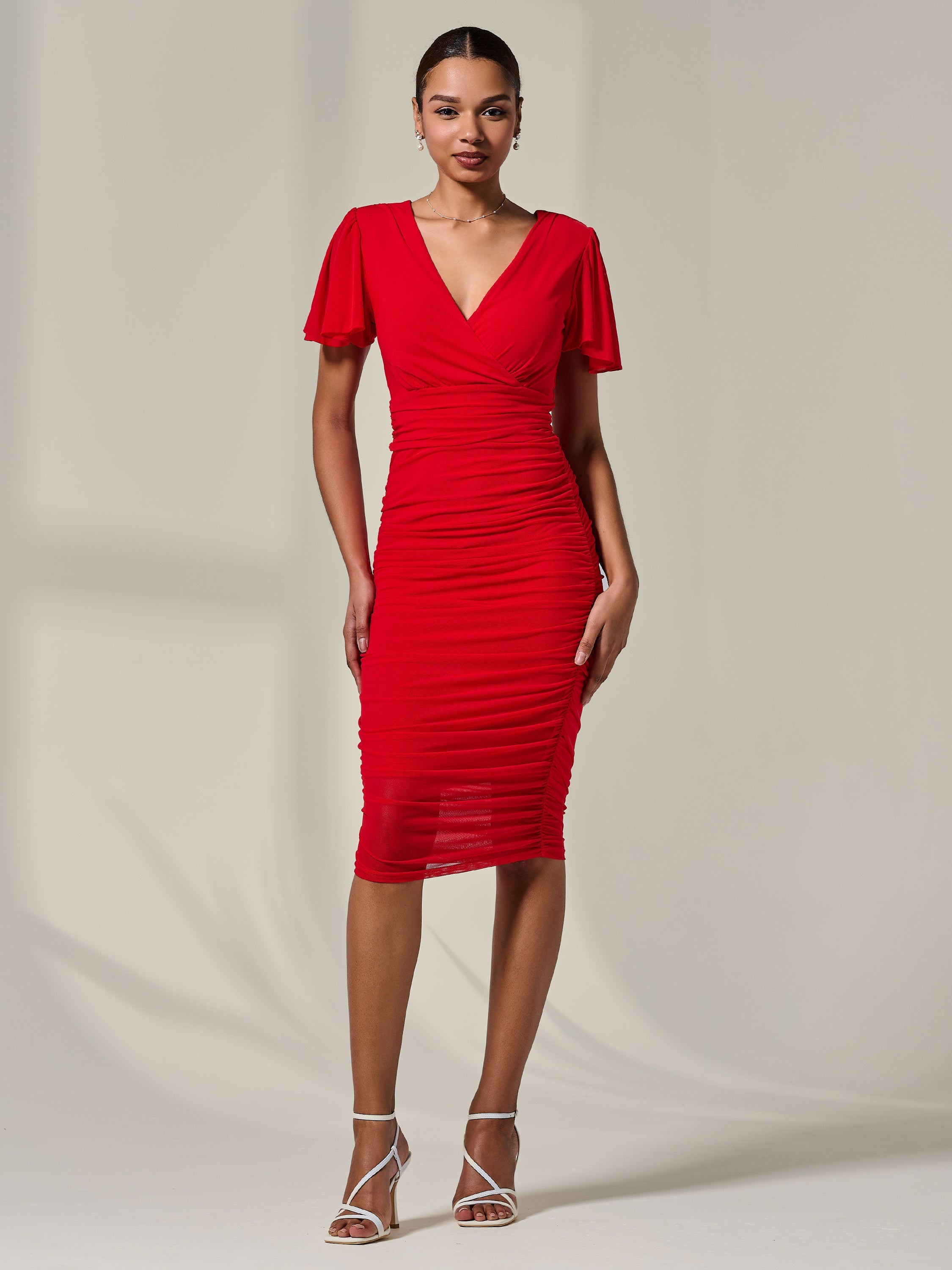 Ruched Mesh Bodycon Dress Detail View