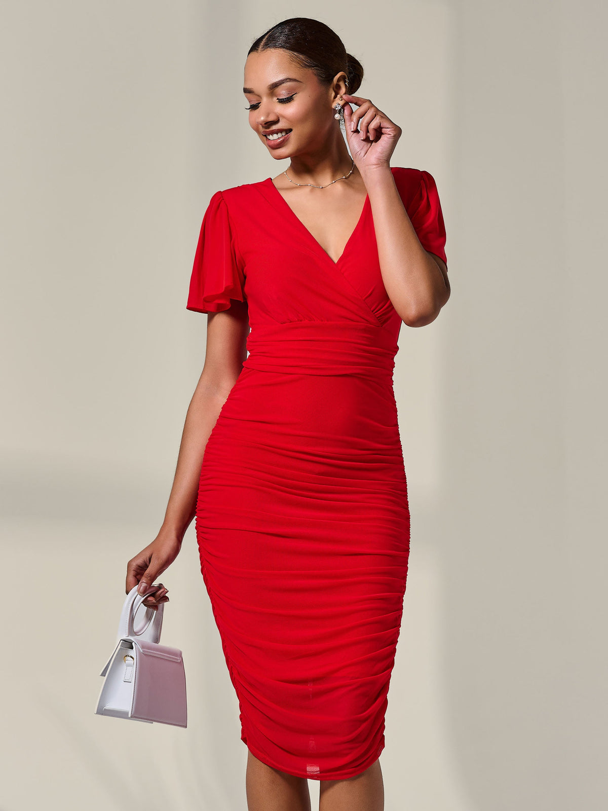 Ruched Mesh Bodycon Dress Styled View