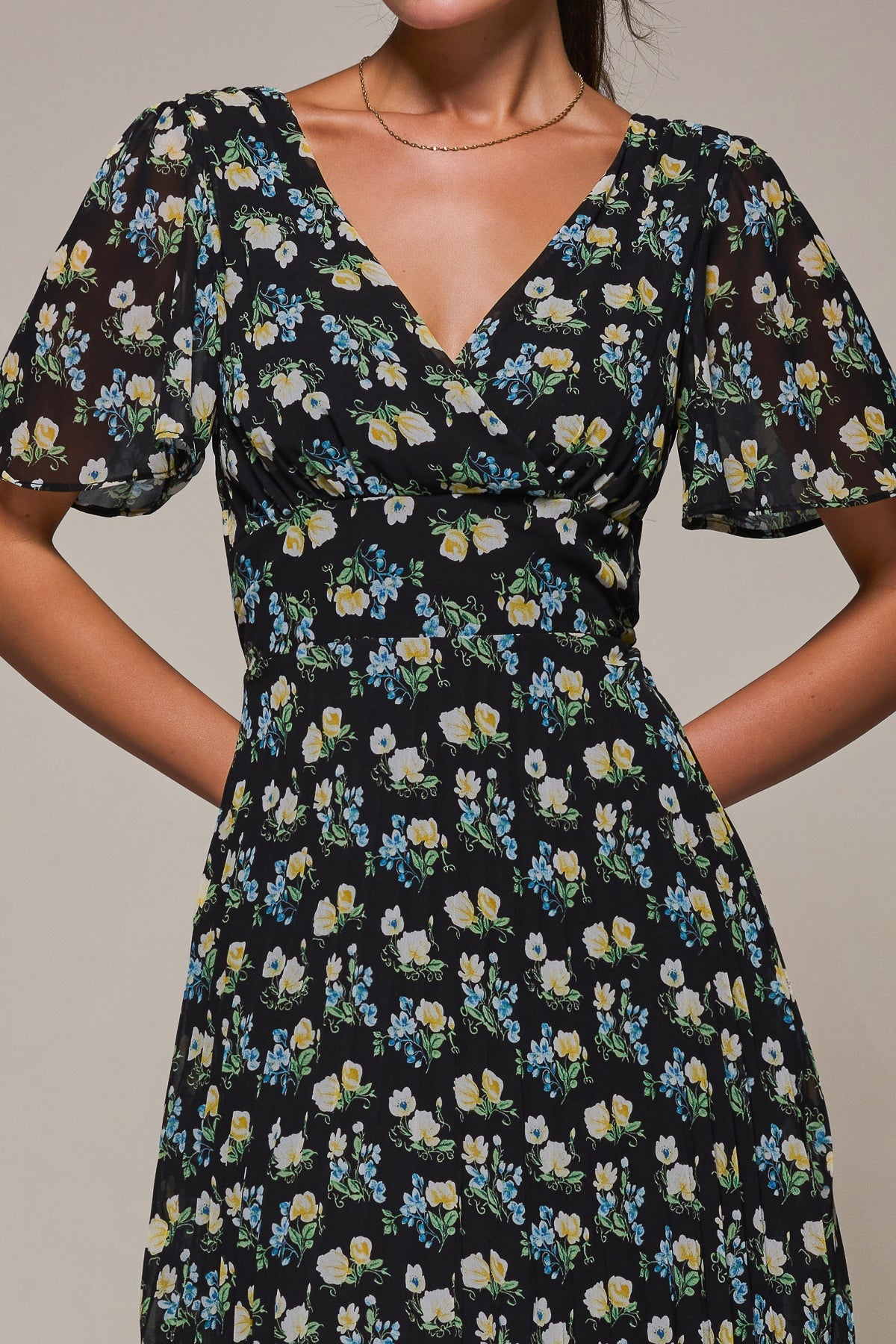Floral Chiffon V Neck Midaxi Dress Black Floral Side View