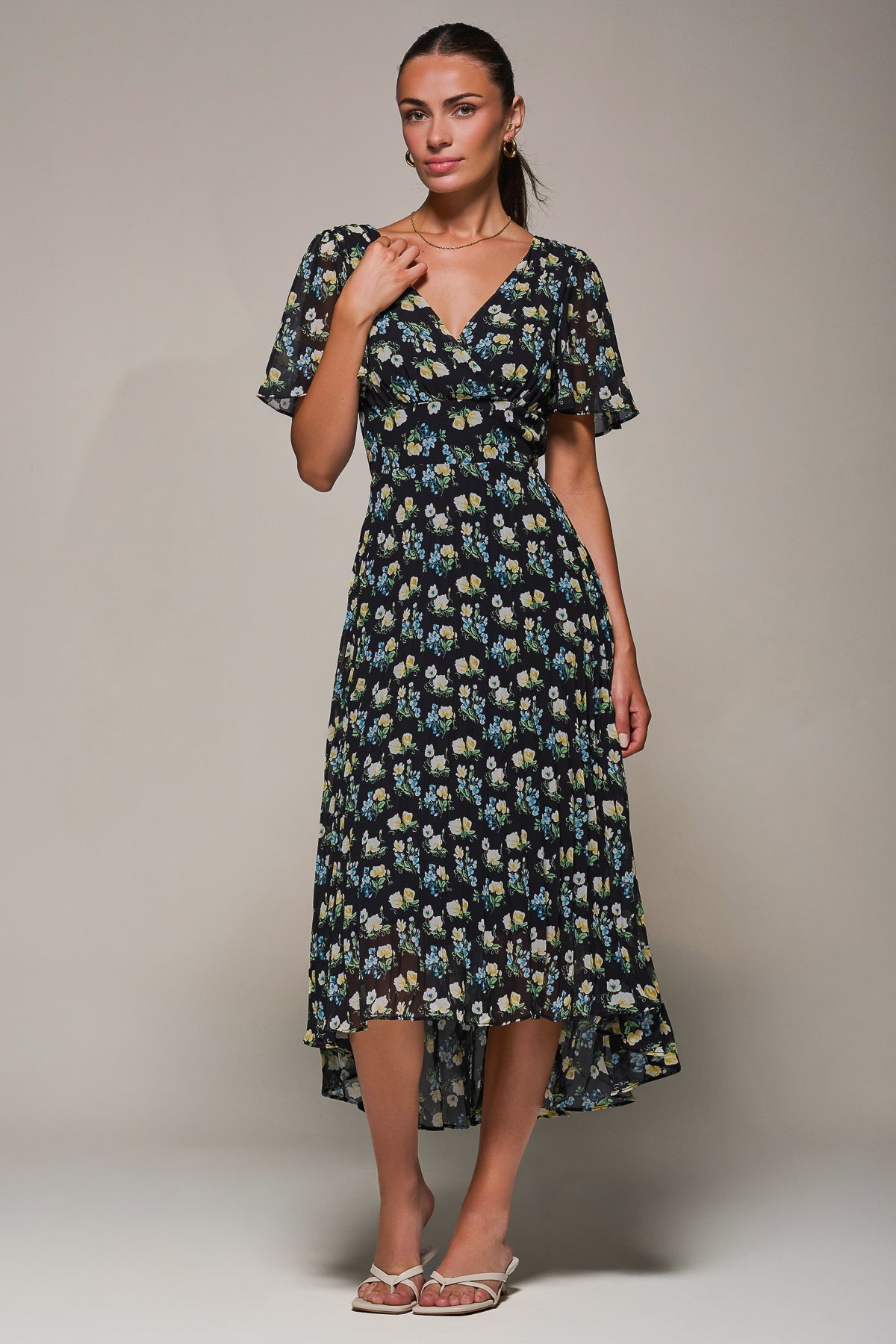 Floral Chiffon V Neck Midaxi Dress Black Floral Detail View