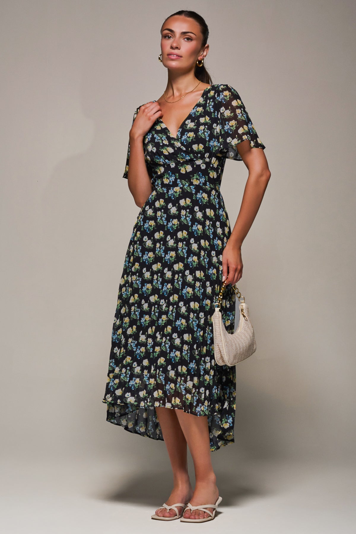 Floral Chiffon V Neck Midaxi Dress Black Floral Styled View