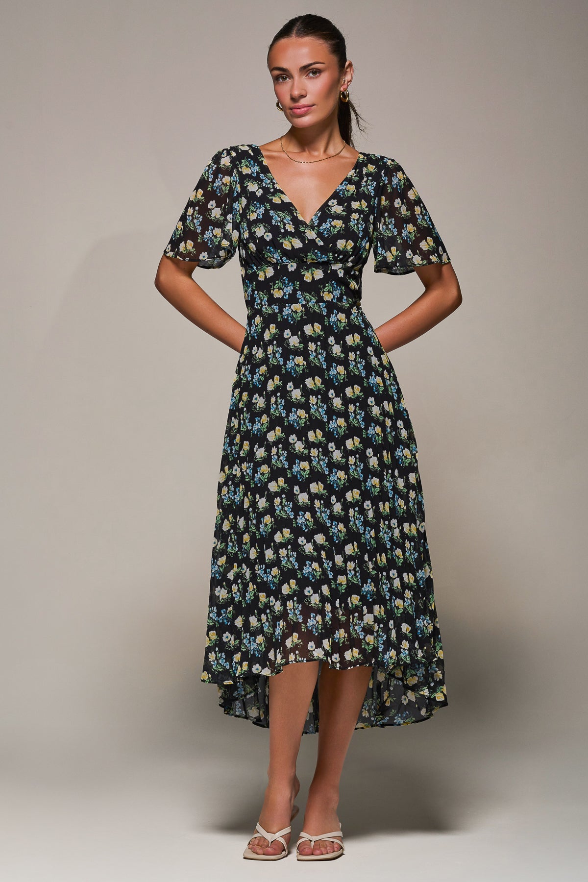 Floral Chiffon V Neck Midaxi Dress Black Floral Full Length View