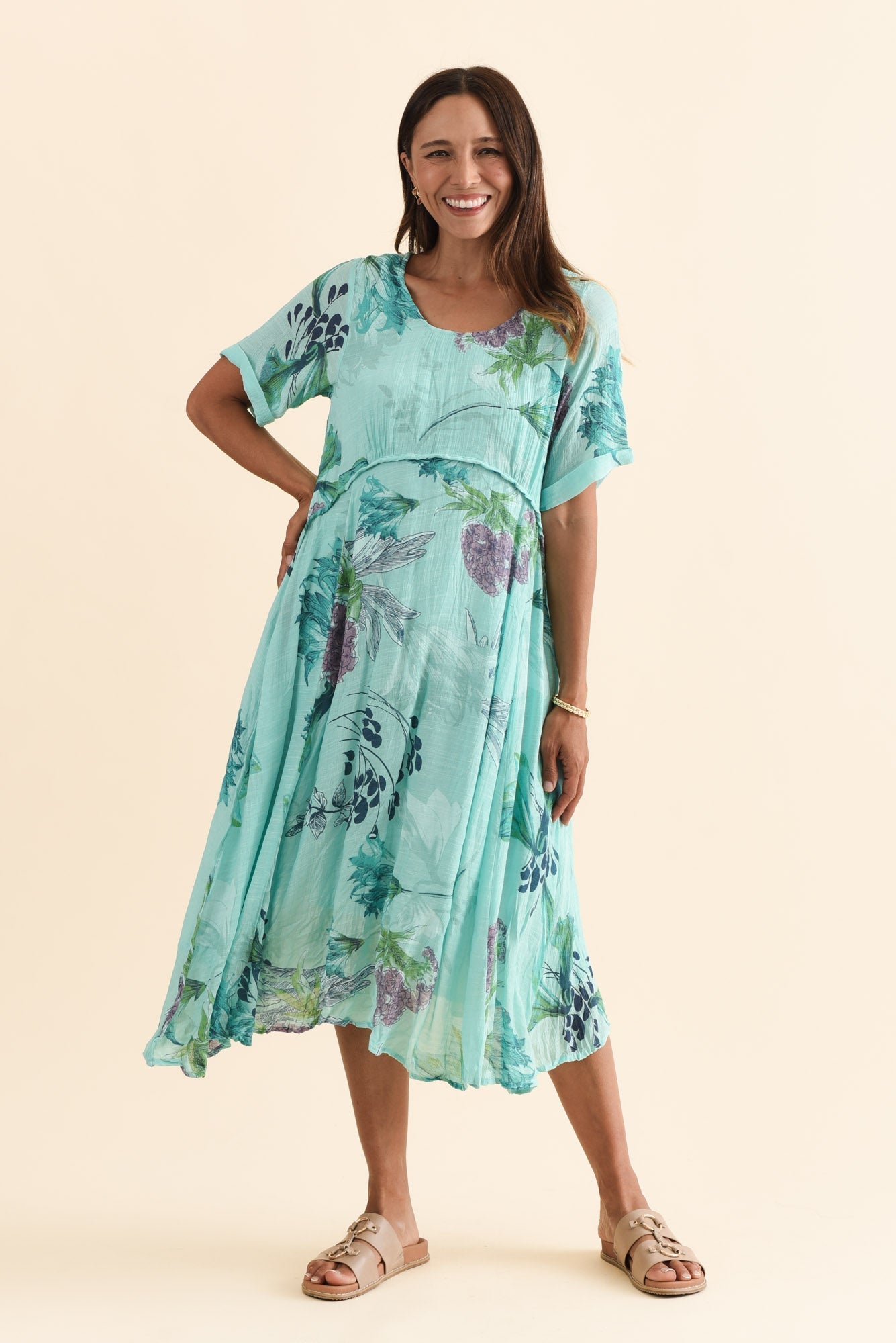 Ramona Blue Floral Cotton Blend Dress Front View