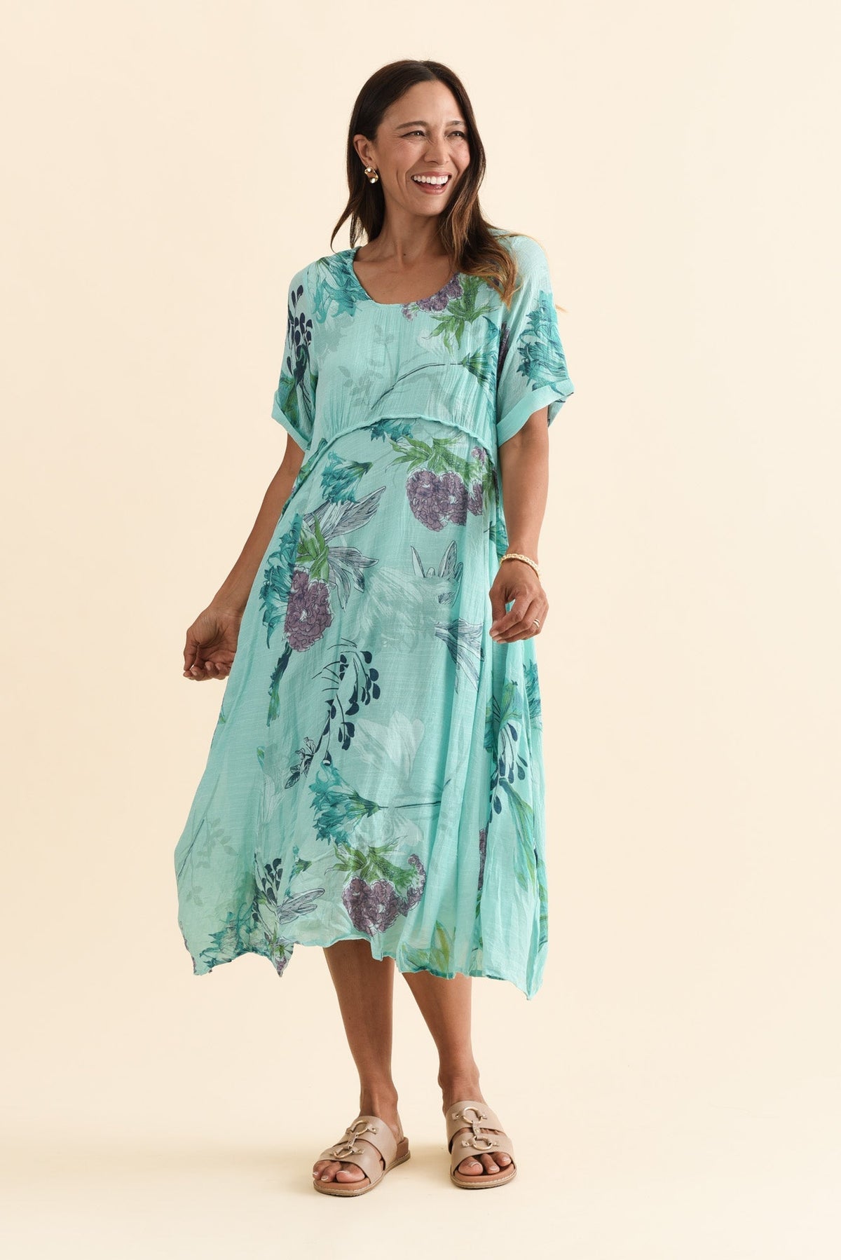 Ramona Blue Floral Cotton Blend Dress Full Length View