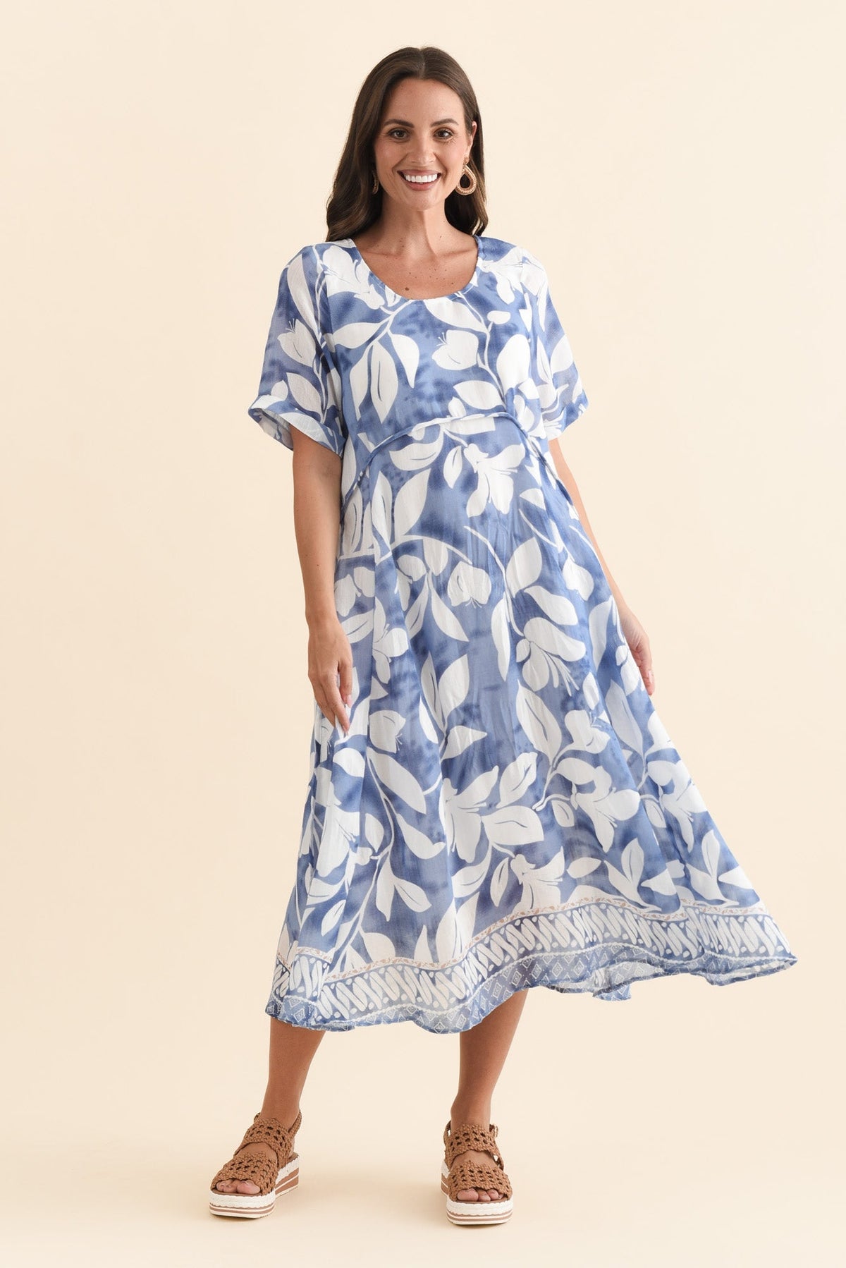 Ramona Blue Leaf Cotton Blend Dress Front View 2