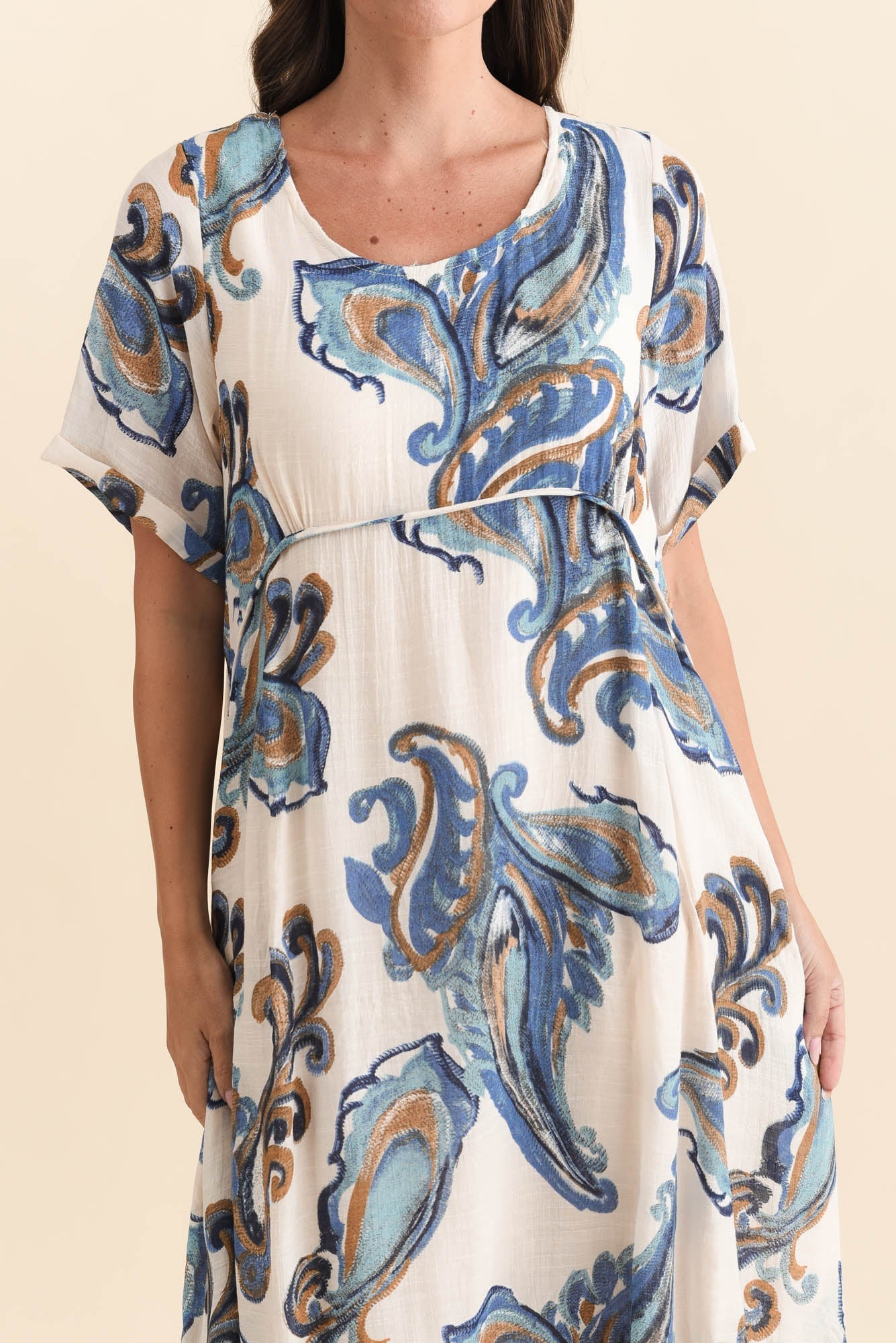 Ramona Cream Paisley Cotton Blend Dress Detail View