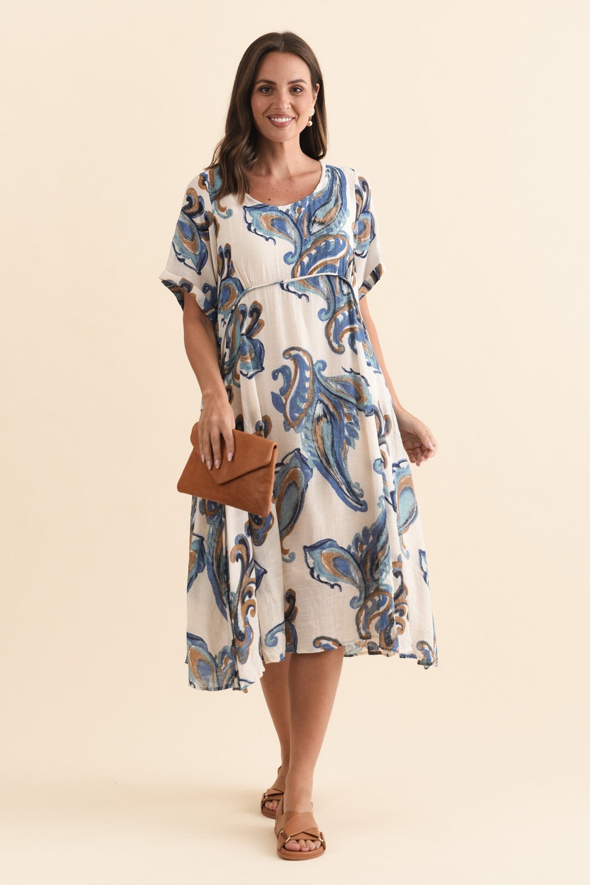 Ramona Cream Paisley Cotton Blend Dress Front View 2