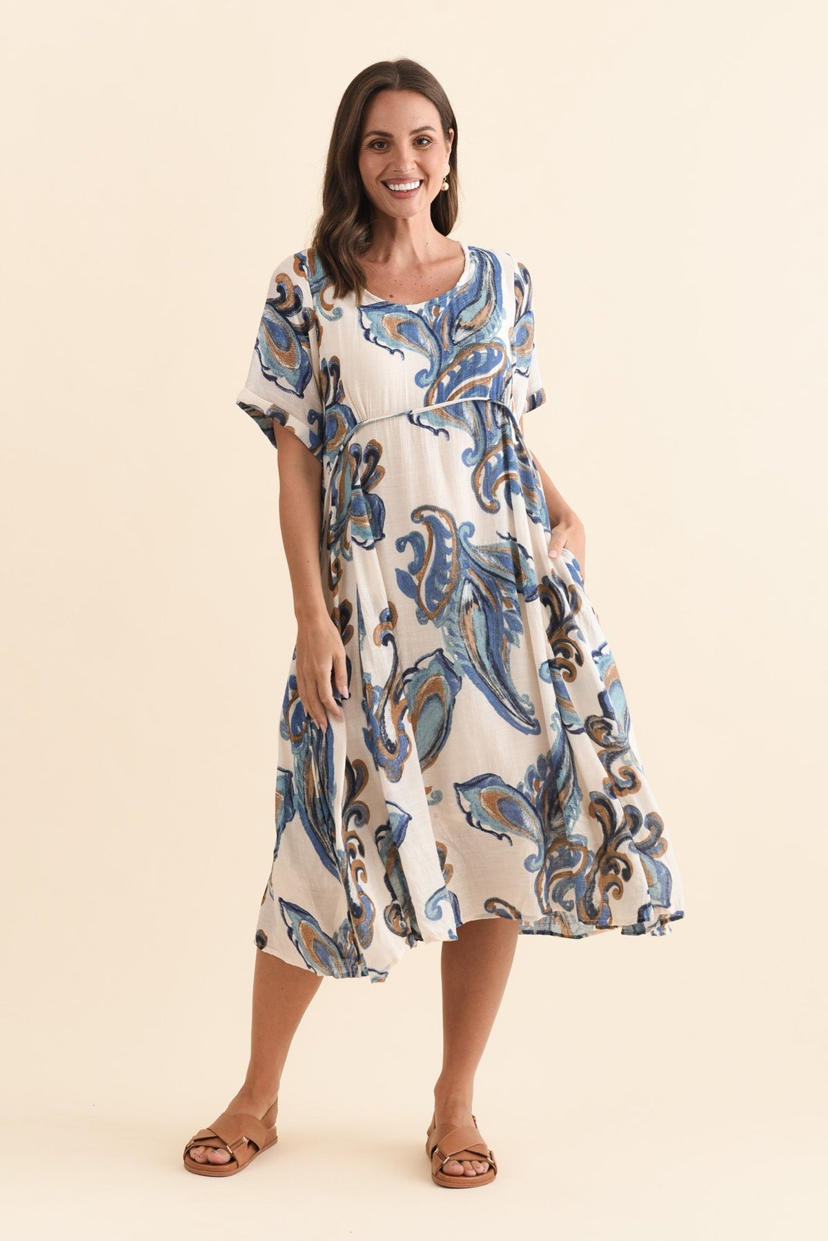 Ramona Cream Paisley Cotton Blend Dress Full Length View