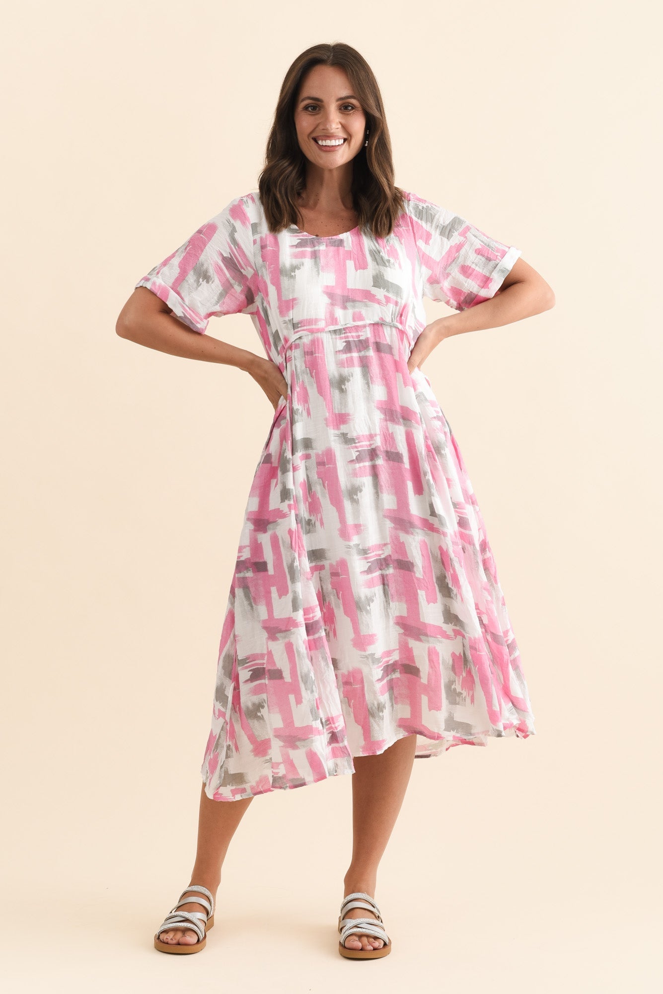 Ramona Pink Brush Stroke Cotton Blend Dress Full Length View