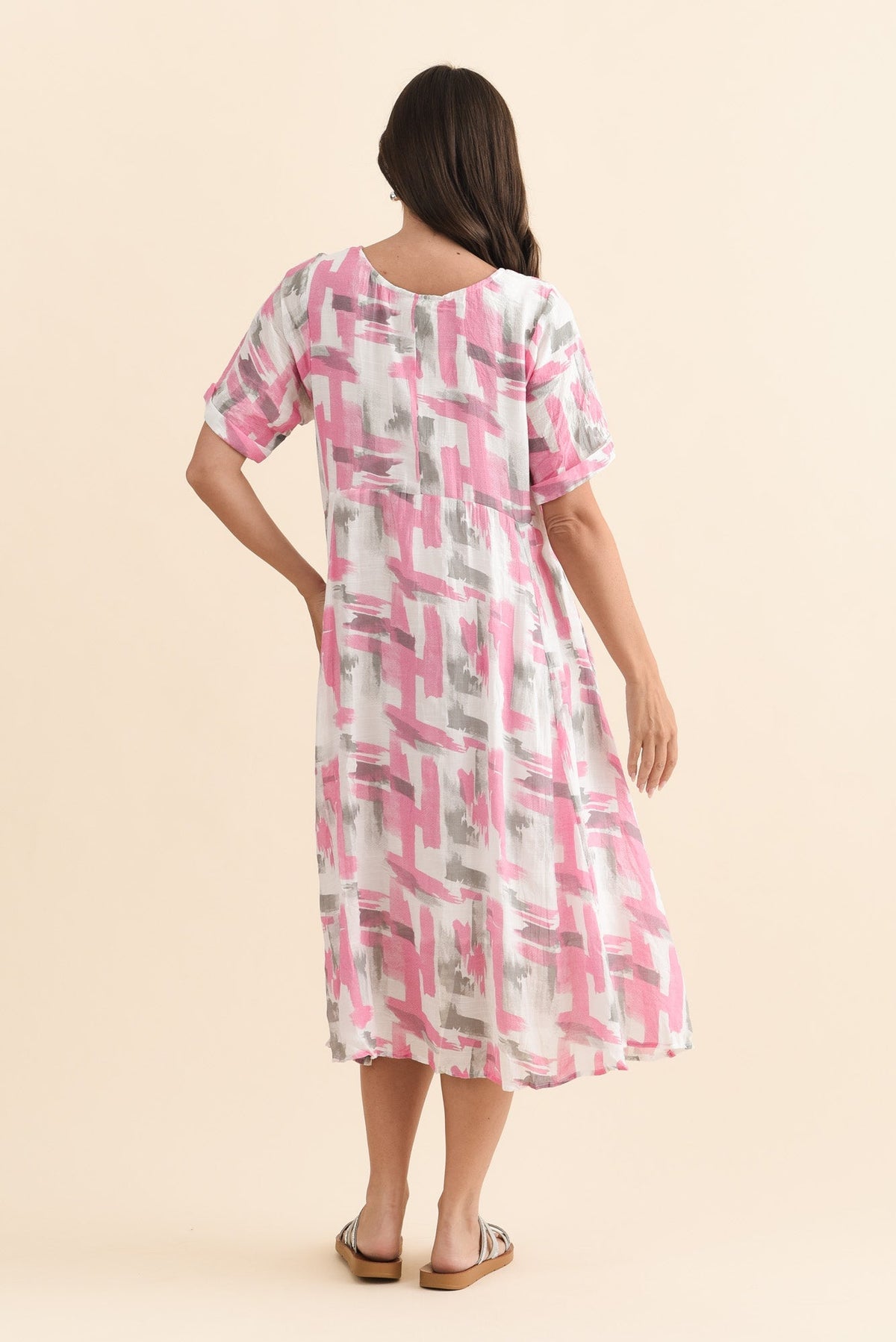 Ramona Pink Brush Stroke Cotton Blend Dress Side View