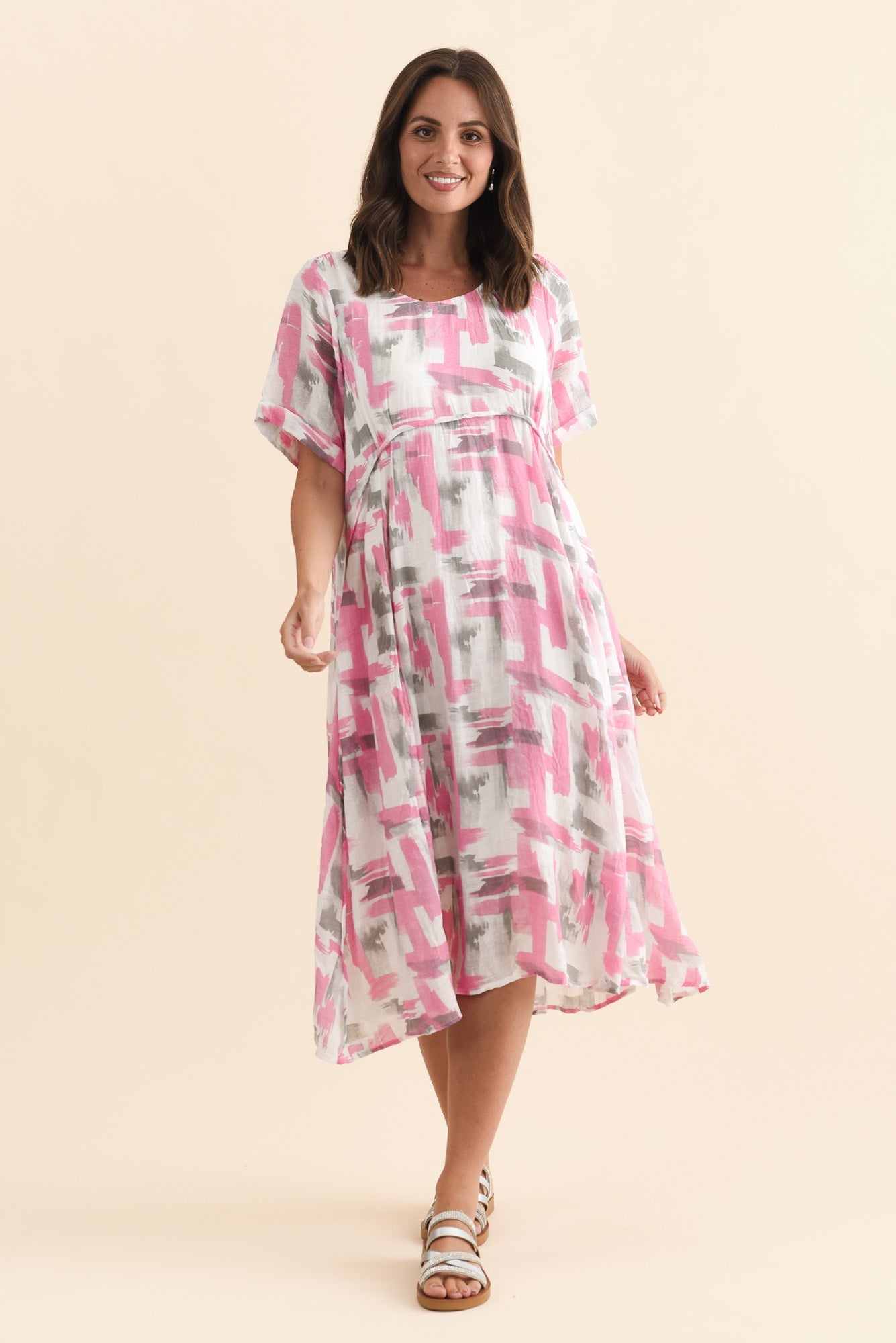 Ramona Pink Brush Stroke Cotton Blend Dress Front View 2