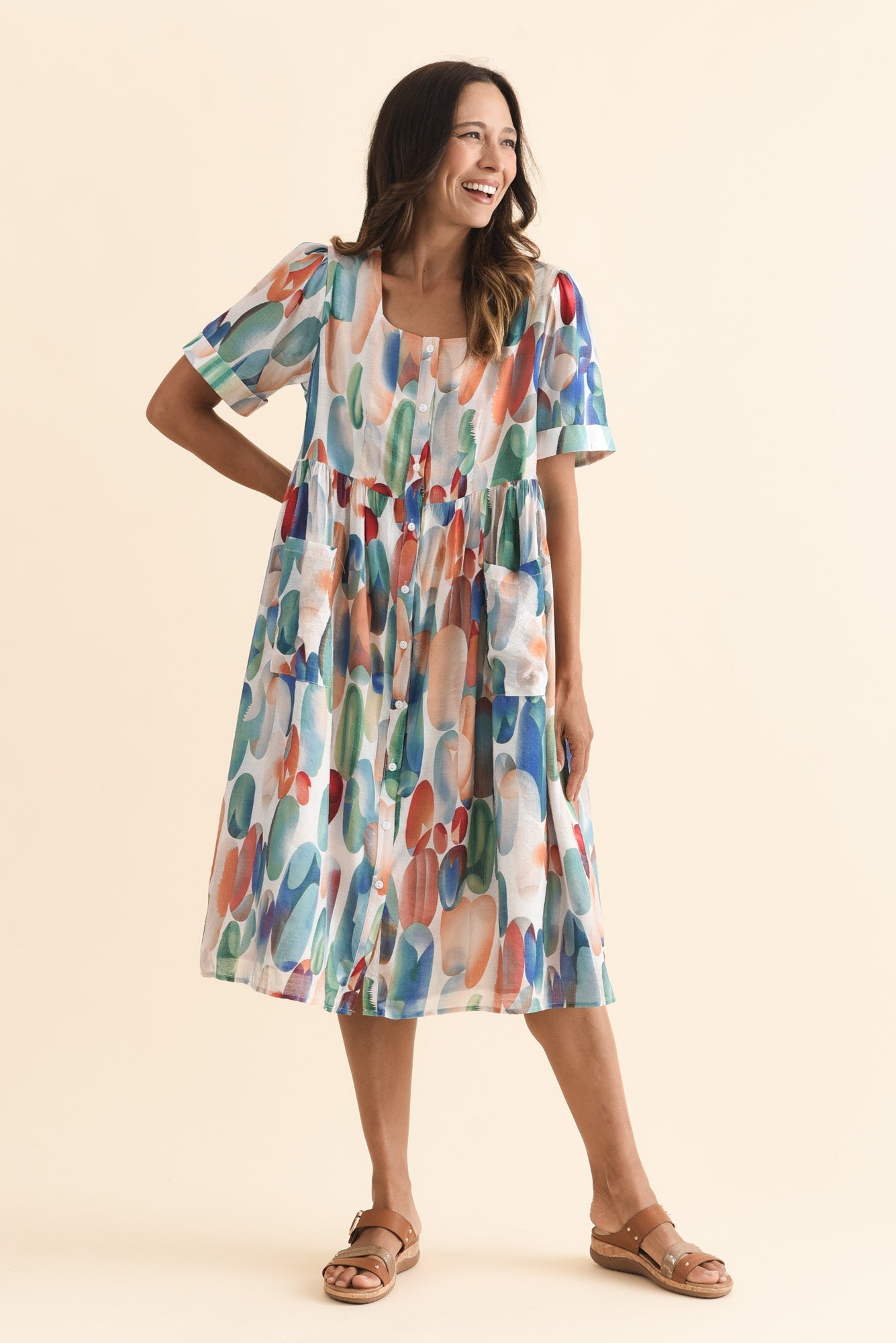 Rayna Blue Abstract Button Dress Back View