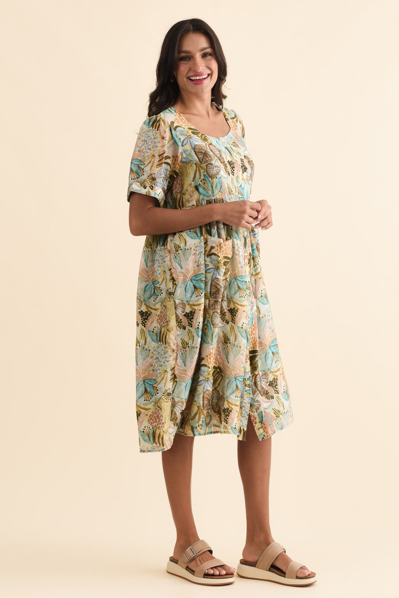 Rayna Brown Garden Button Dress Back View