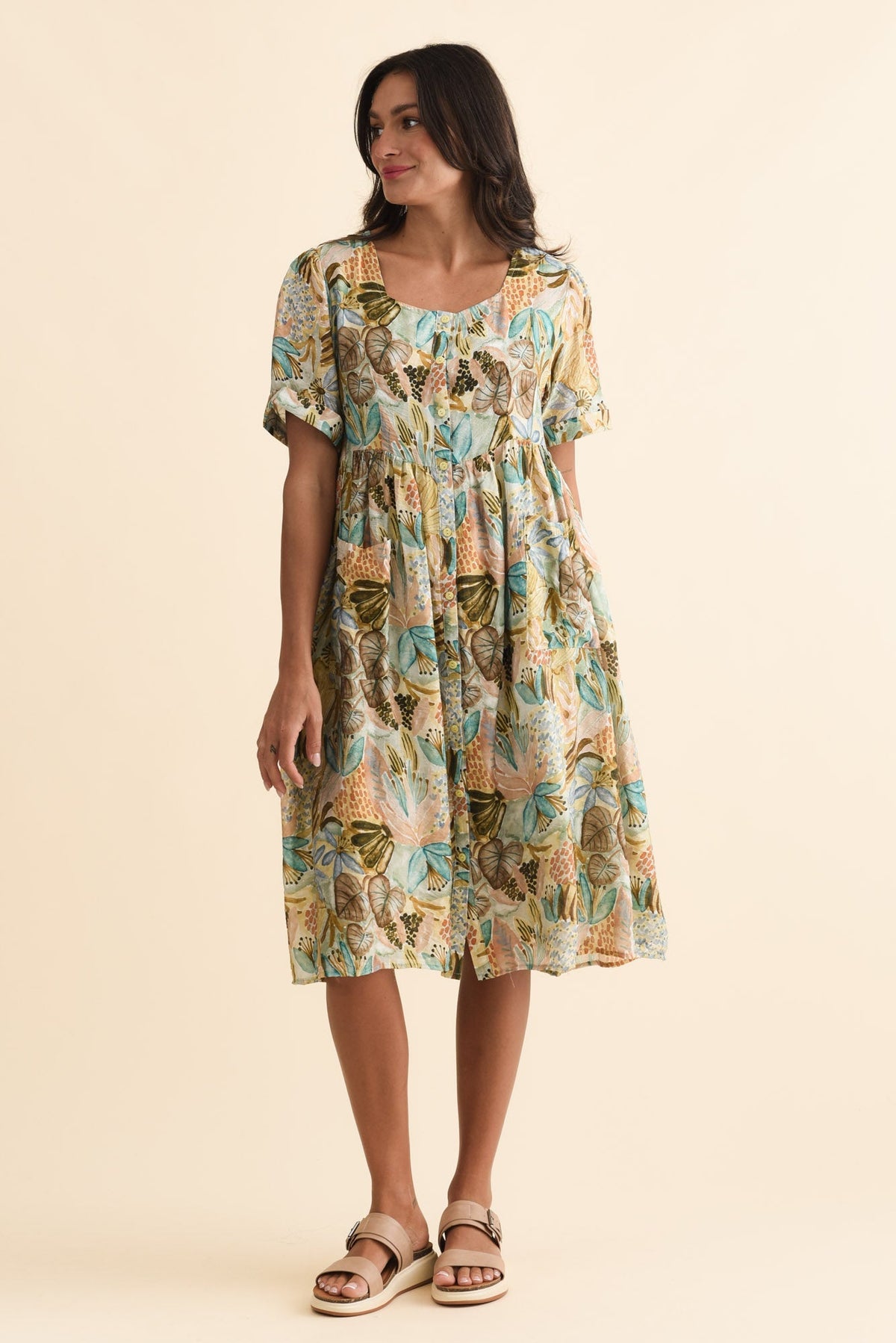 Rayna Brown Garden Button Dress Full Length View