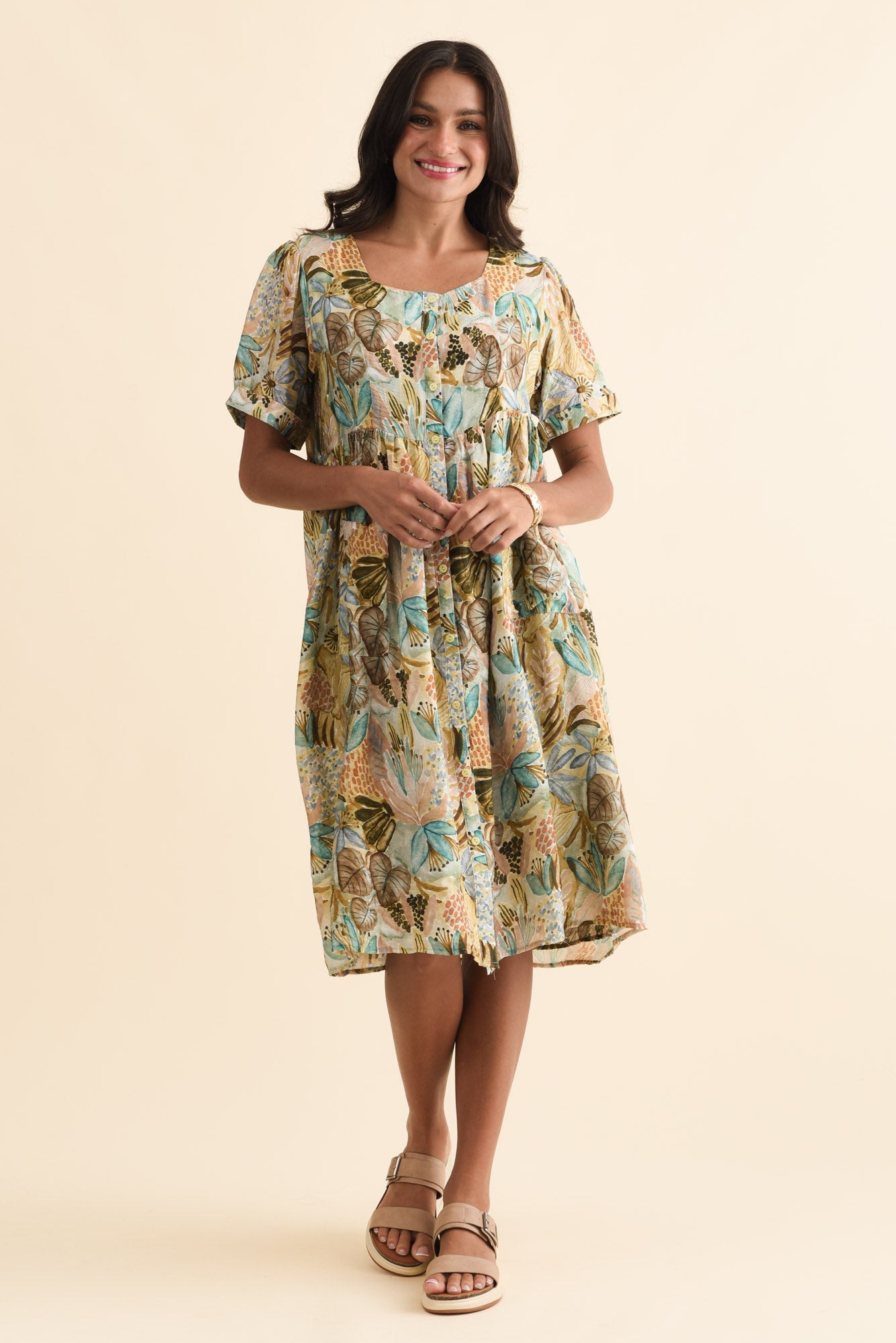 Rayna Brown Garden Button Dress Front View