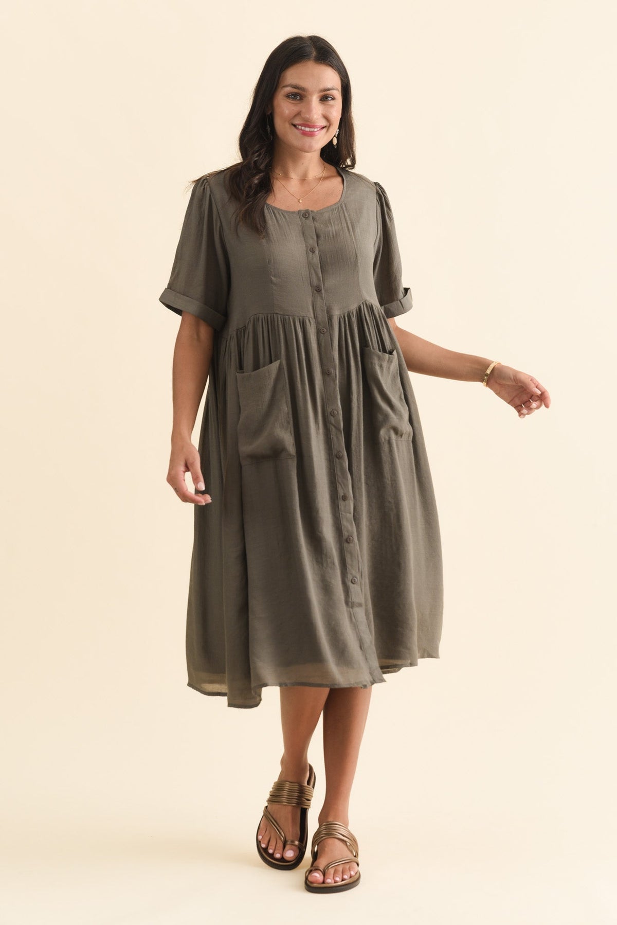 Rayna Khaki Button Dress Front View 2