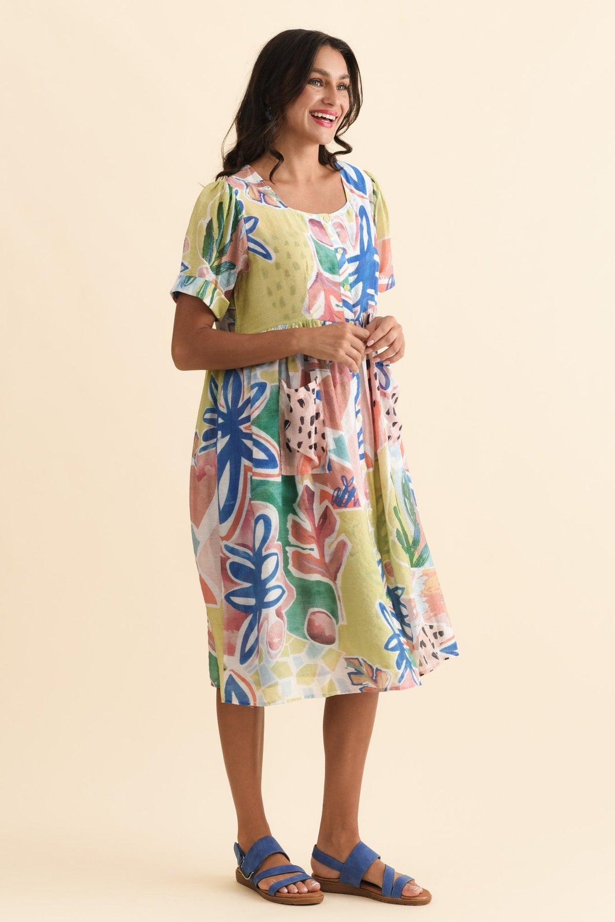 Rayna Blue Flower Button Dress Back View
