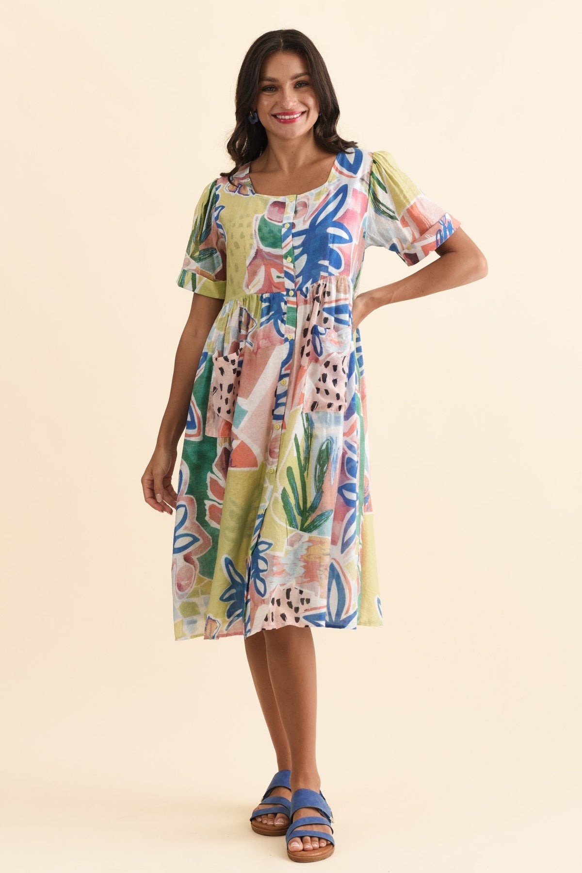 Rayna Blue Flower Button Dress Front View 2