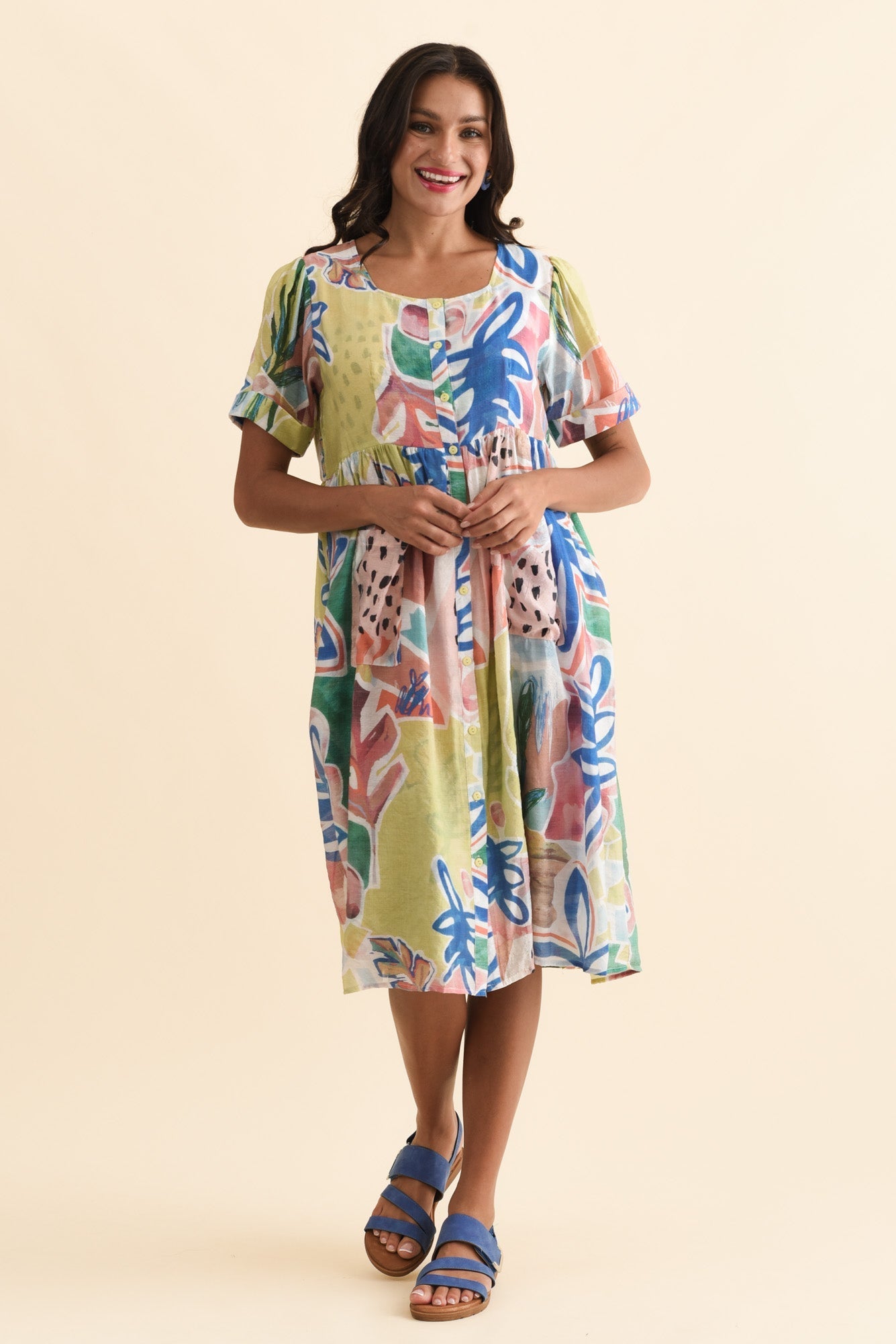Rayna Blue Flower Button Dress Front View