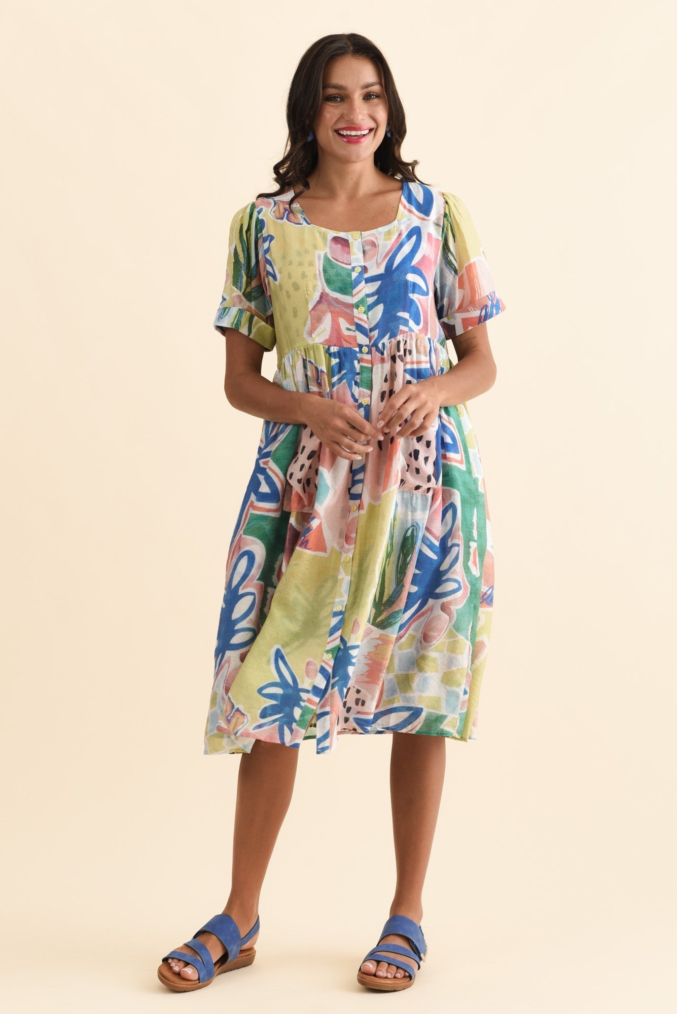 Rayna Blue Flower Button Dress Full Length View