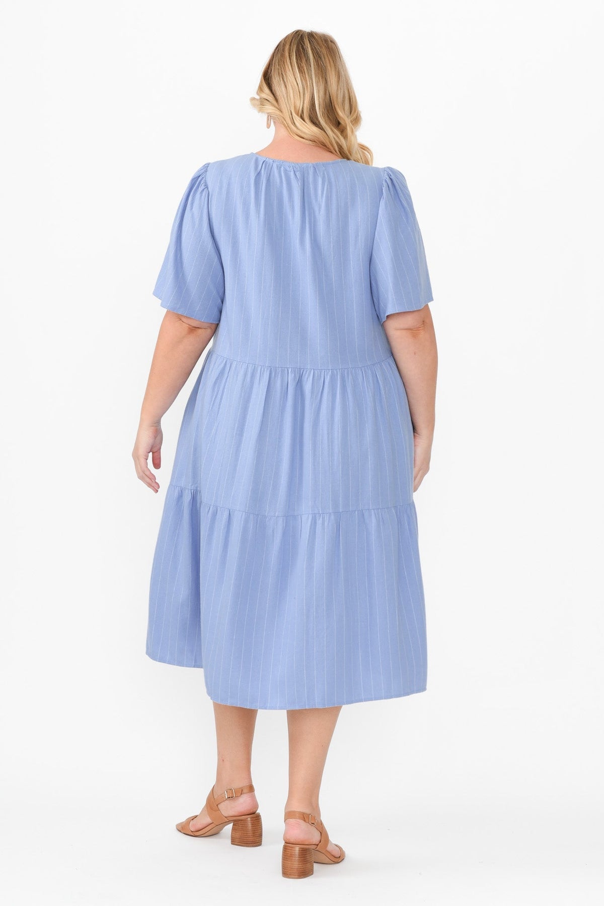 Regina Blue Linen Blend Tier Dress Styled View 2