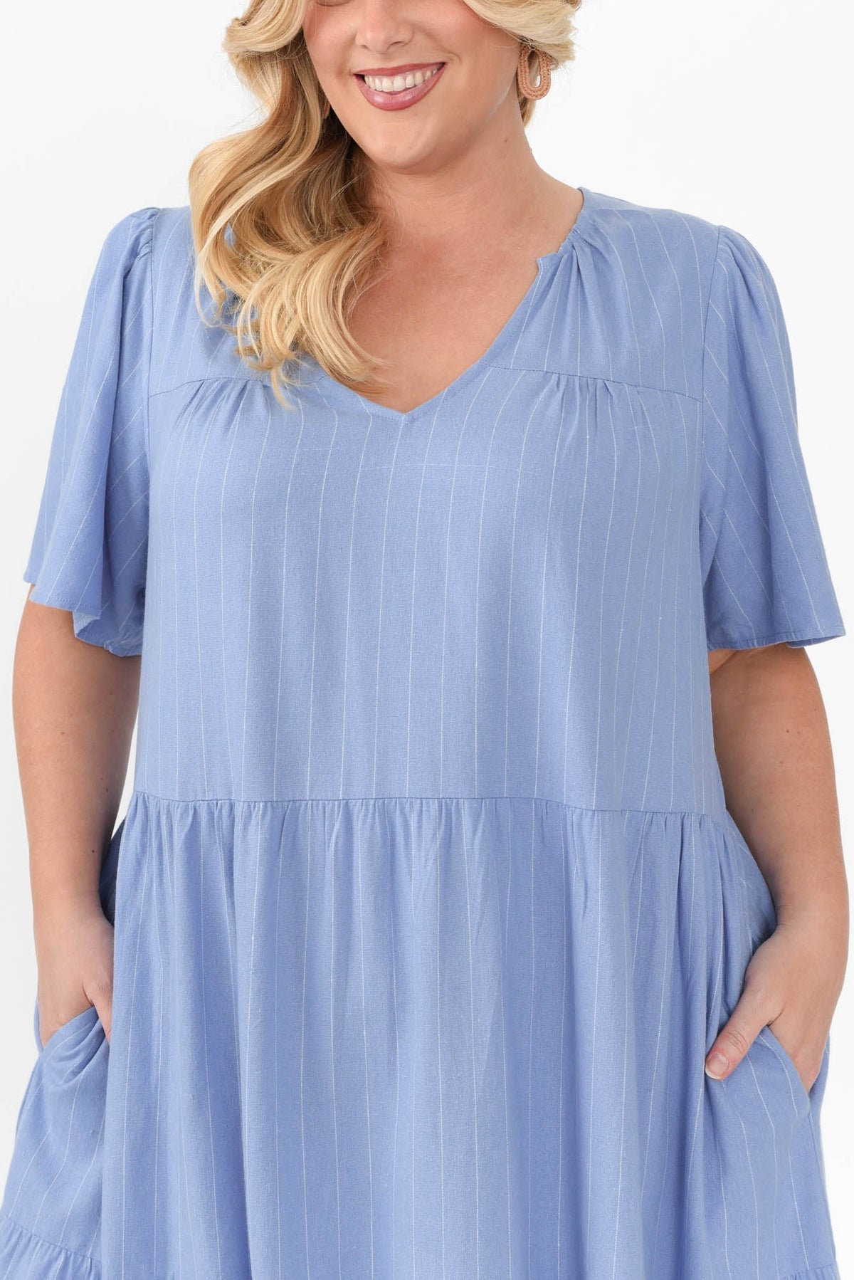 Regina Blue Linen Blend Tier Dress Full Length View 2