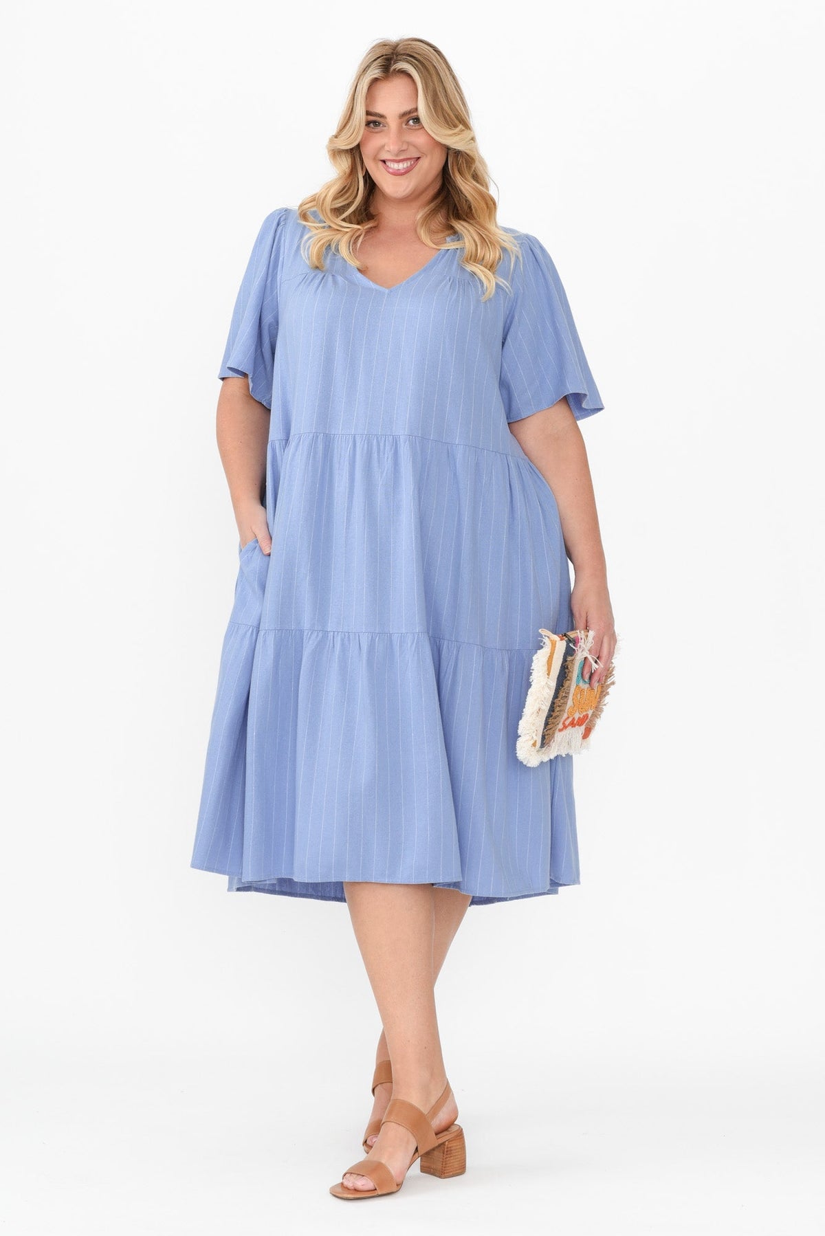 Regina Blue Linen Blend Tier Dress Back View 2