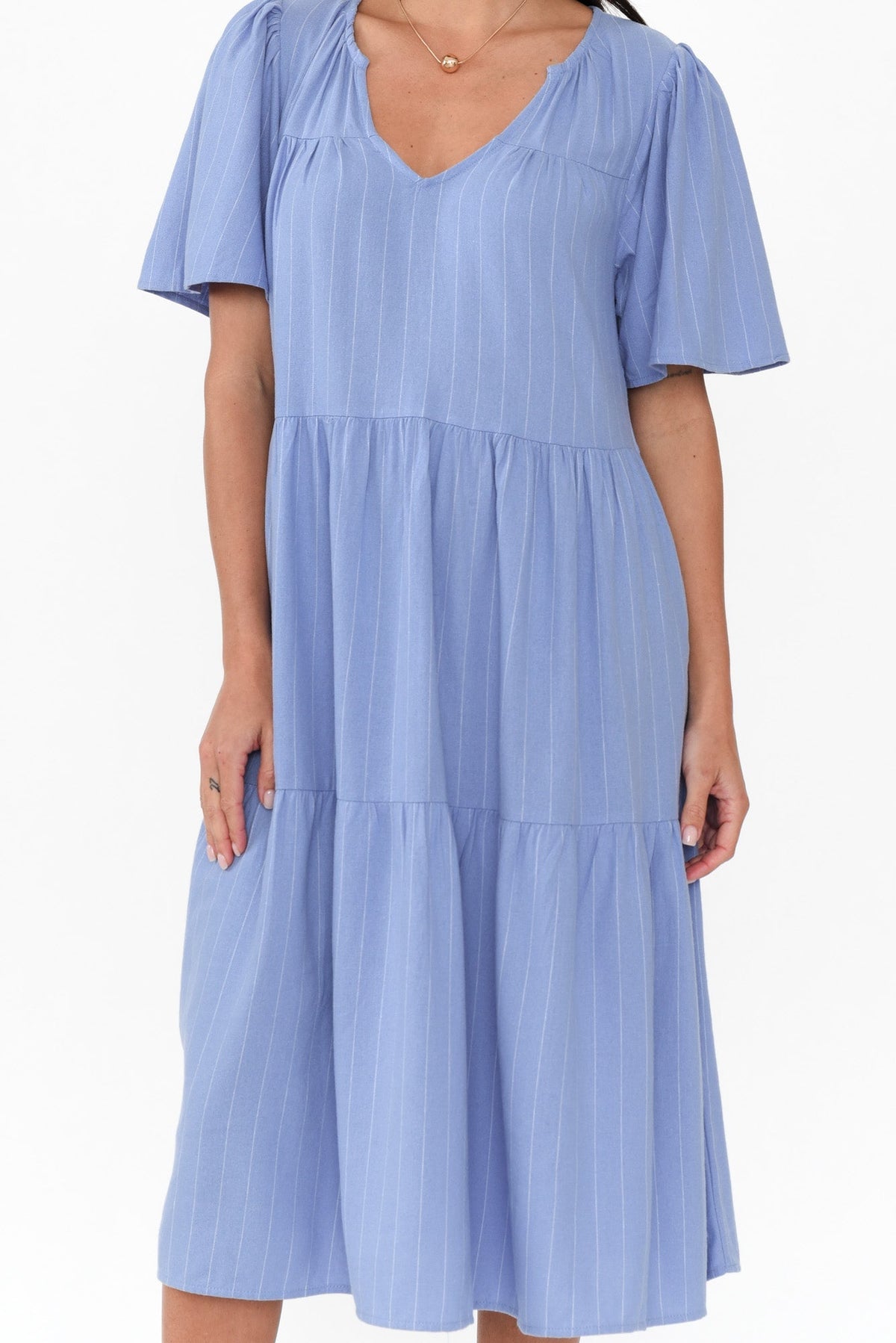 Regina Blue Linen Blend Tier Dress Detail View